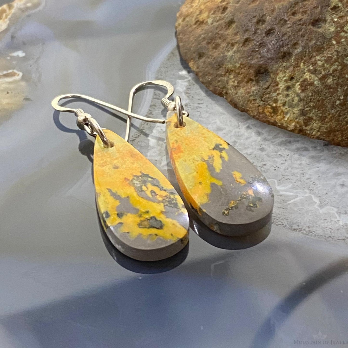 Sterling Silver Teardrop Bumblebee Jasper Slab Dangle Earrings For Women #032