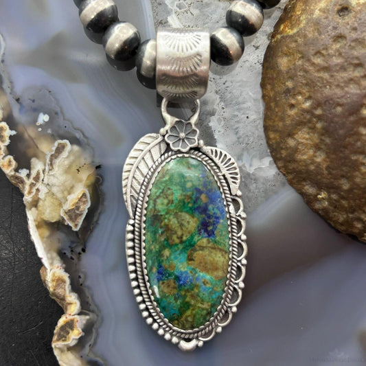 Sterling Silver Southwestern Style Elongated Chrysocolla Decorated Pendant For Women