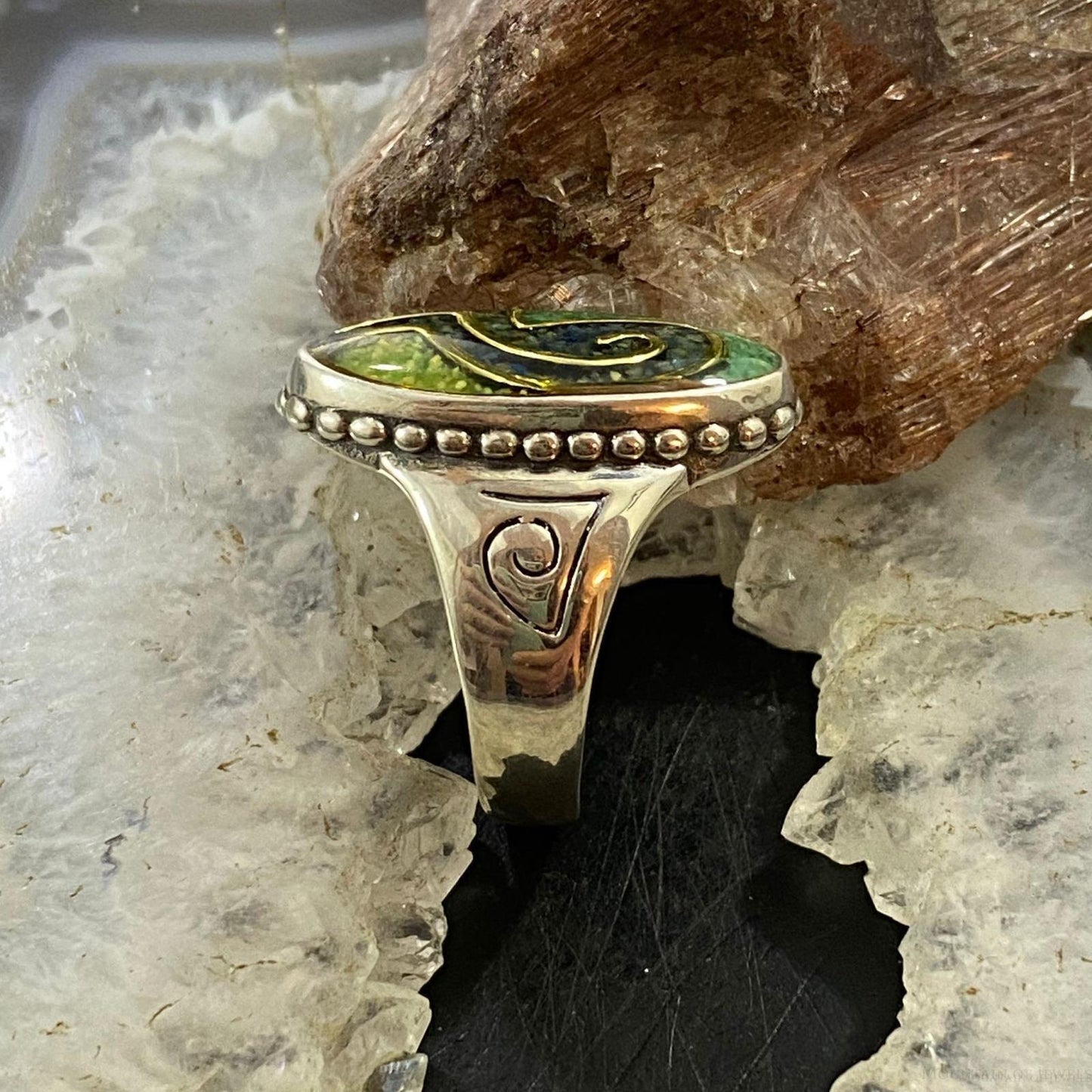 Carolyn Pollack Southwestern Style Sterling Green Turquoise & Lapis Chip Inlay Oval Ring For Women