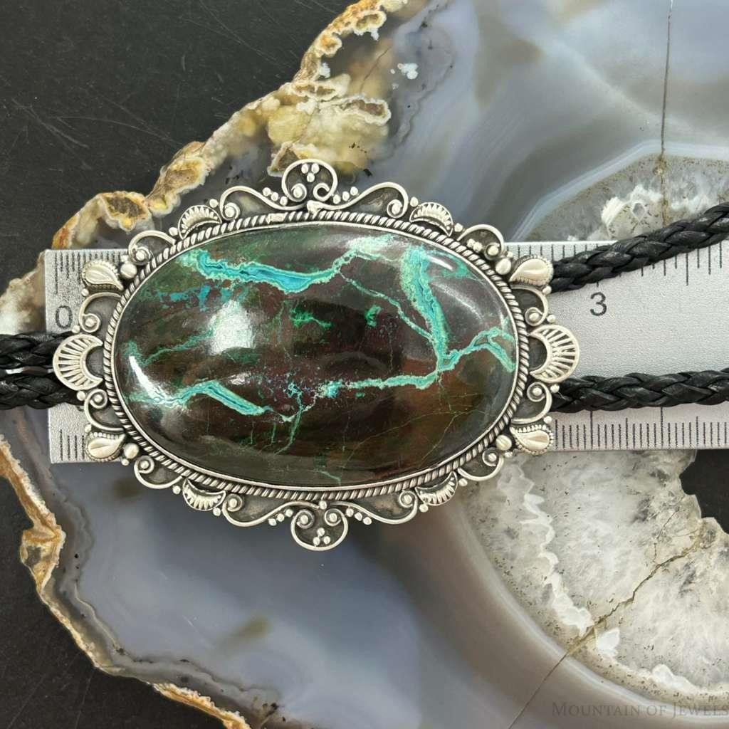 Sterling Silver Southwestern Style Large Chrysocolla Decorated Bolo Tie For Men
