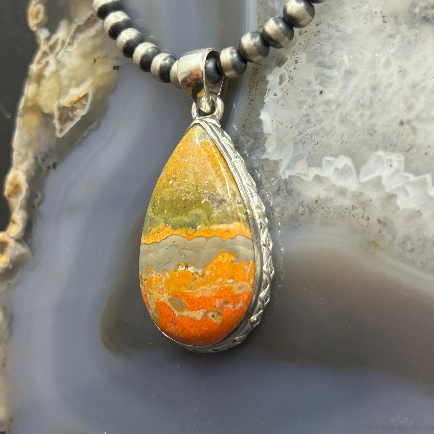 Sterling Southwestern Style Wide Teardrop Bumblebee Jasper Decorated Pendant