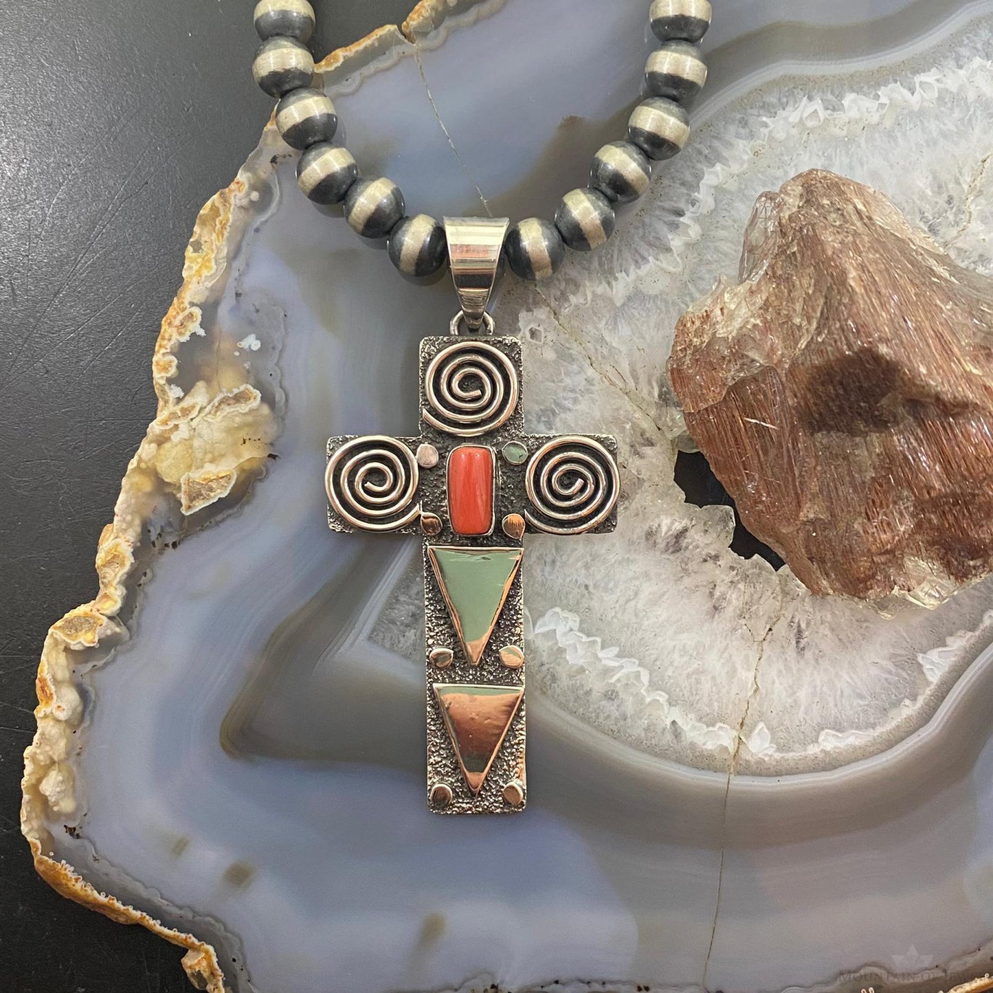 Alex Sanchez Native American Sterling Coral Petroglyph Cross Uni Pendant #4