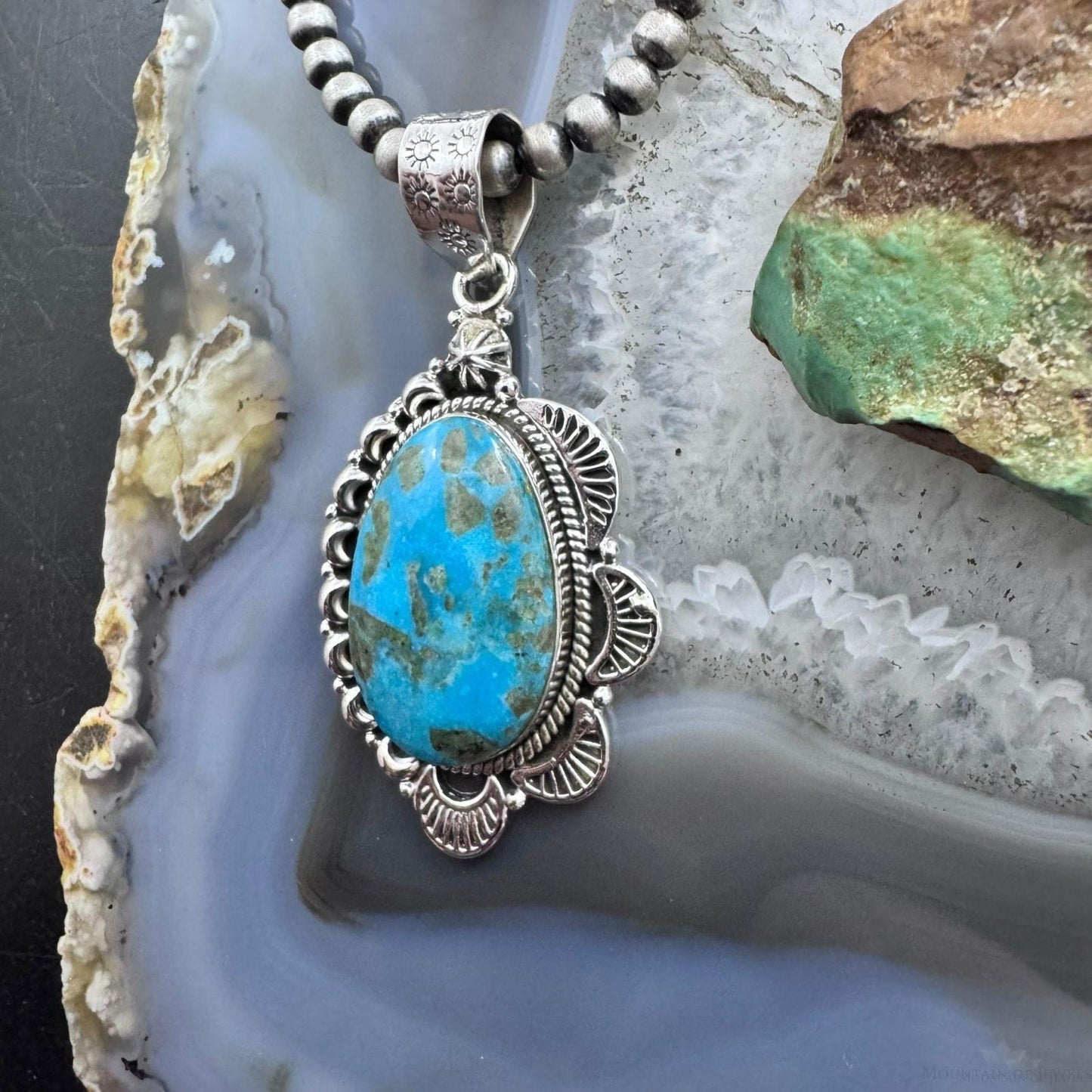 Sterling Silver Southwestern Style Large Turquoise Decorated Pendant For Women