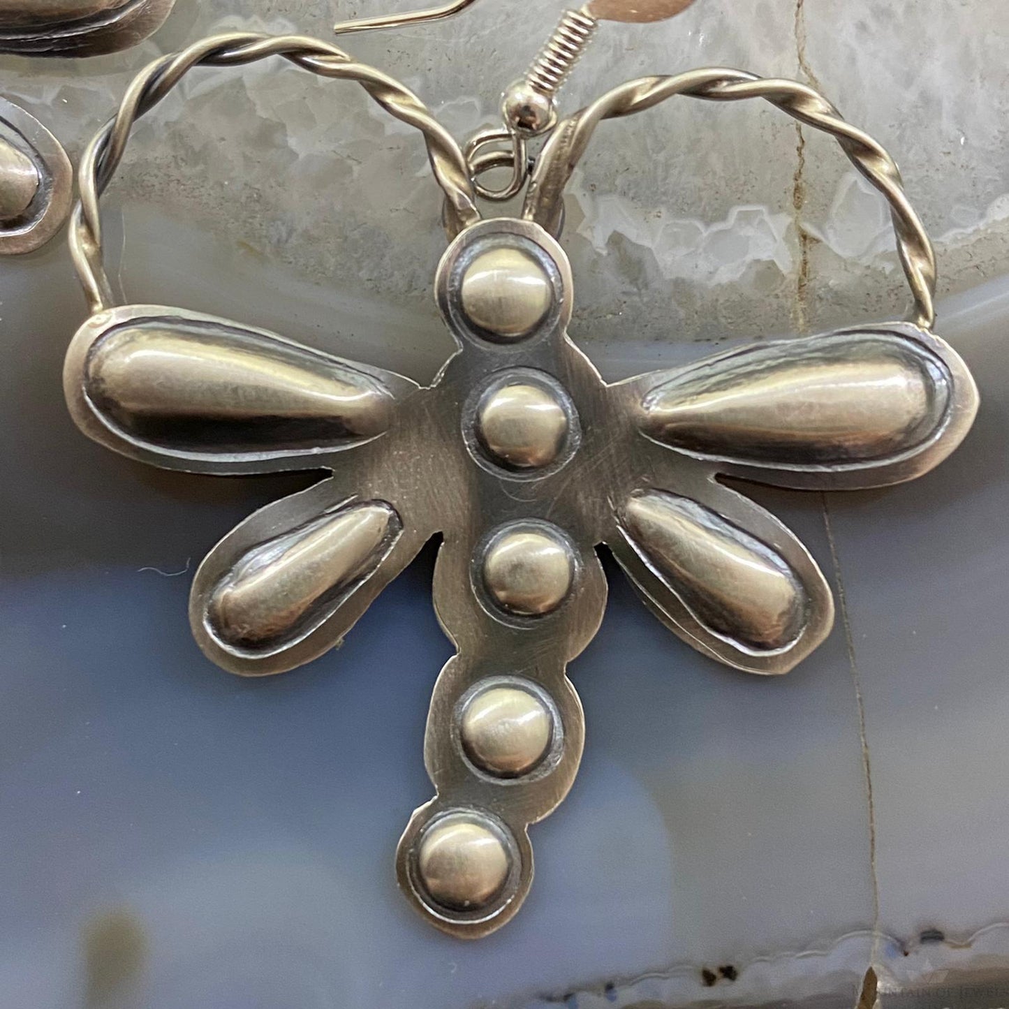 Sterling Silver Repousse Dragonfly Dangle Earrings For Women