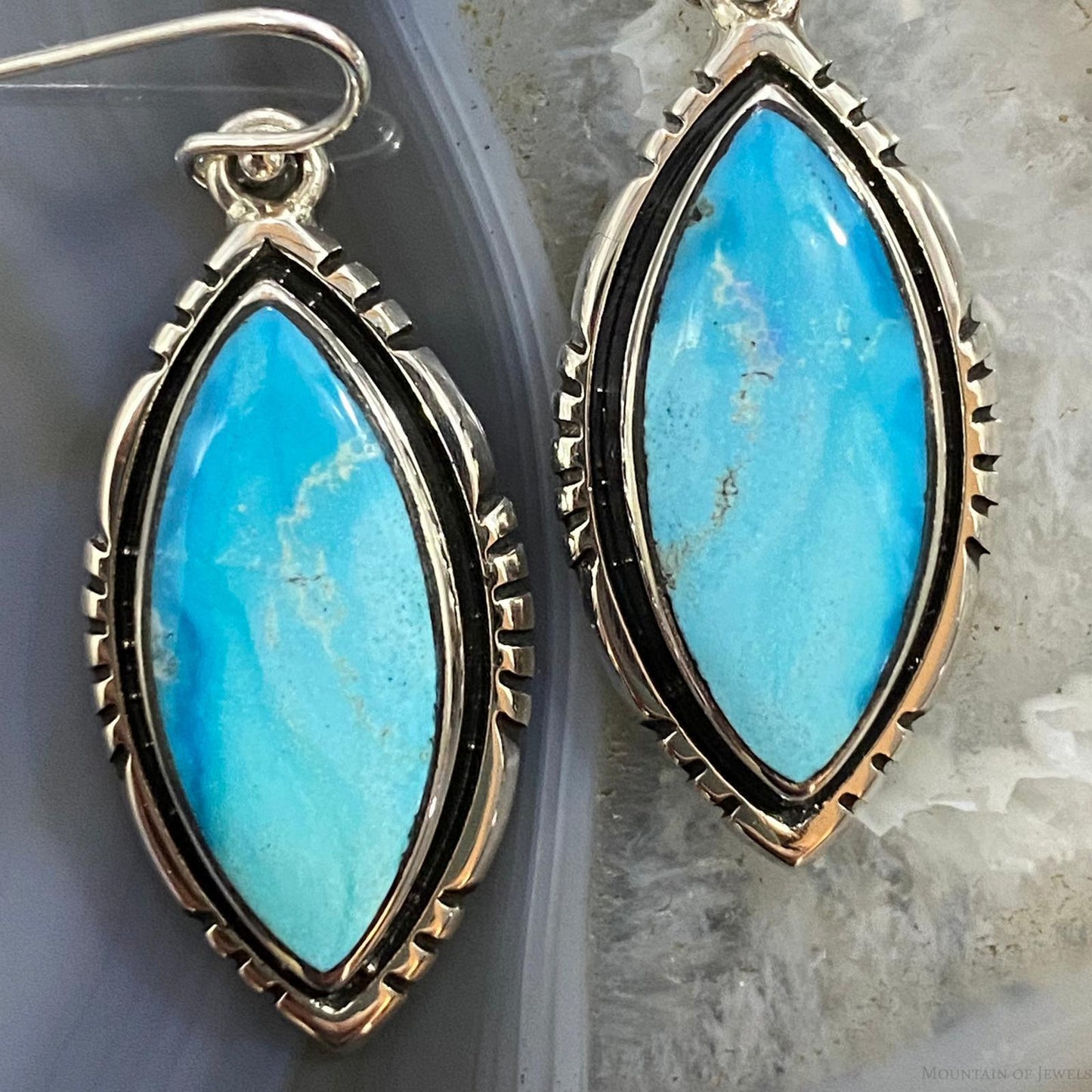 Native American Sterling Silver Marquise Blue Ridge Turquoise Dangle Earrings For Women #1