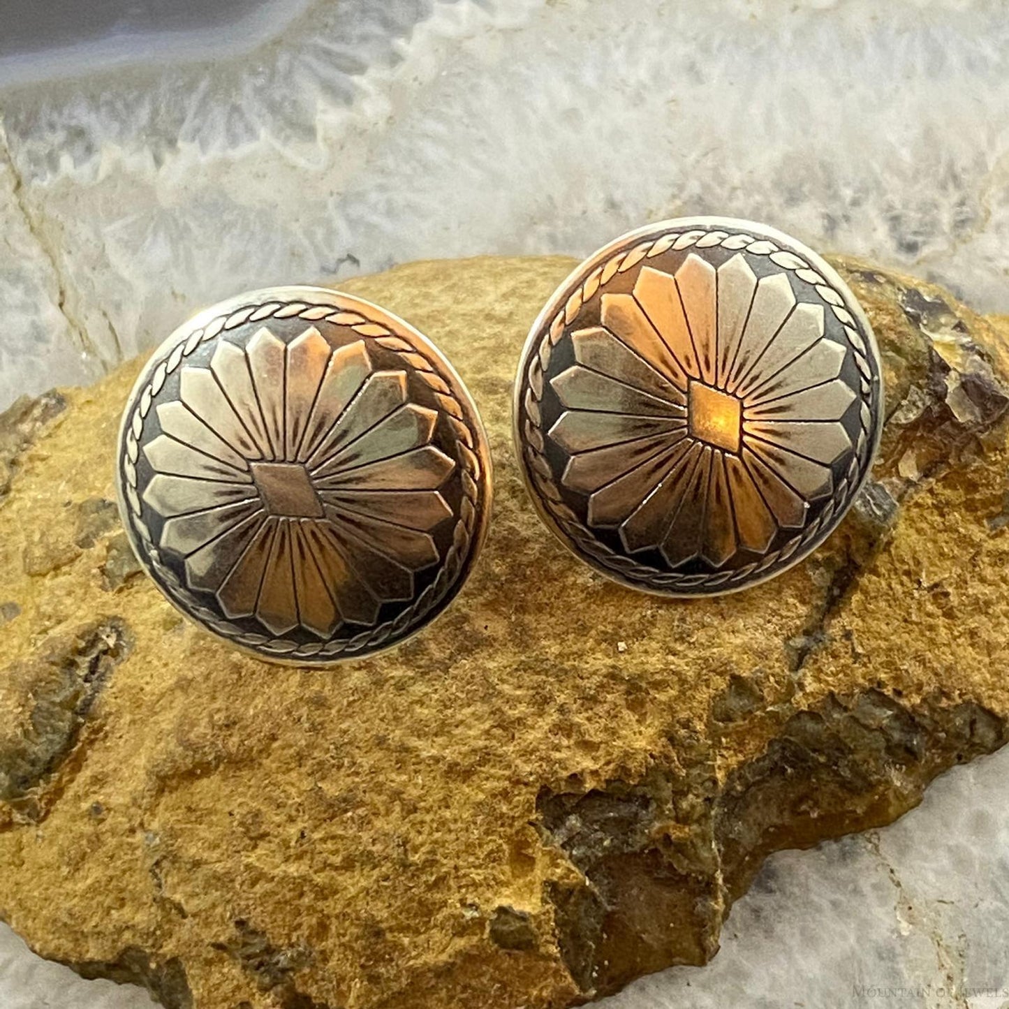Native American Sterling Silver Round Floral Stud Earrings For Women