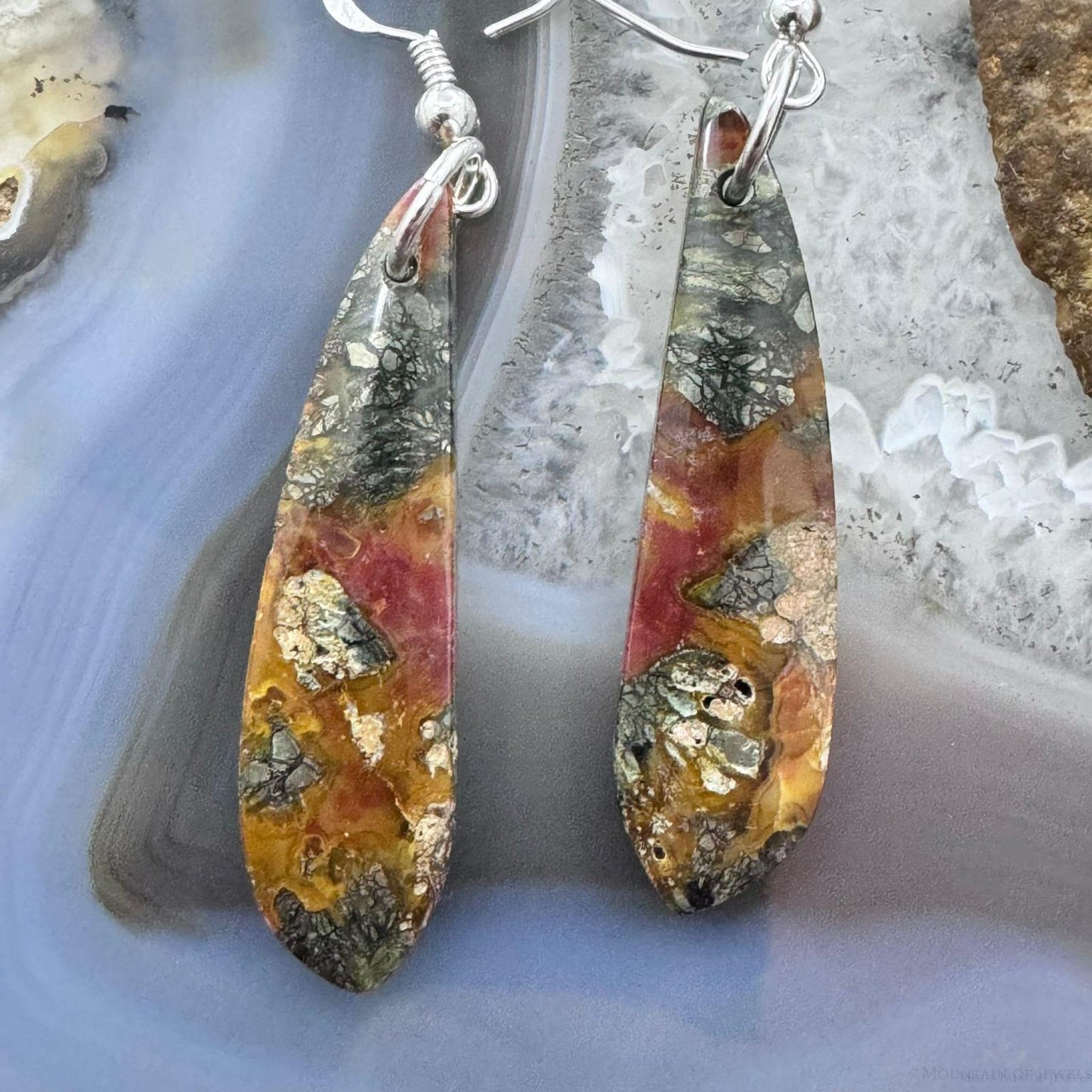 Sterling Silver Elongated Teardrop Red Marcasite Slab Dangle Earrings For Women #219
