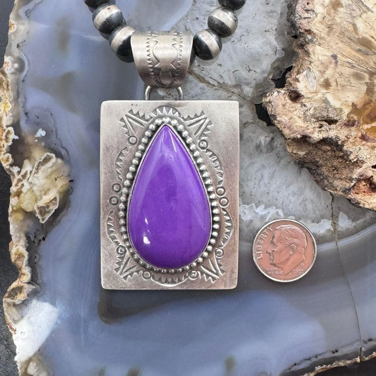 Native American Sterling Silver Purple Phosphosiderite Decorated Pendant For Women