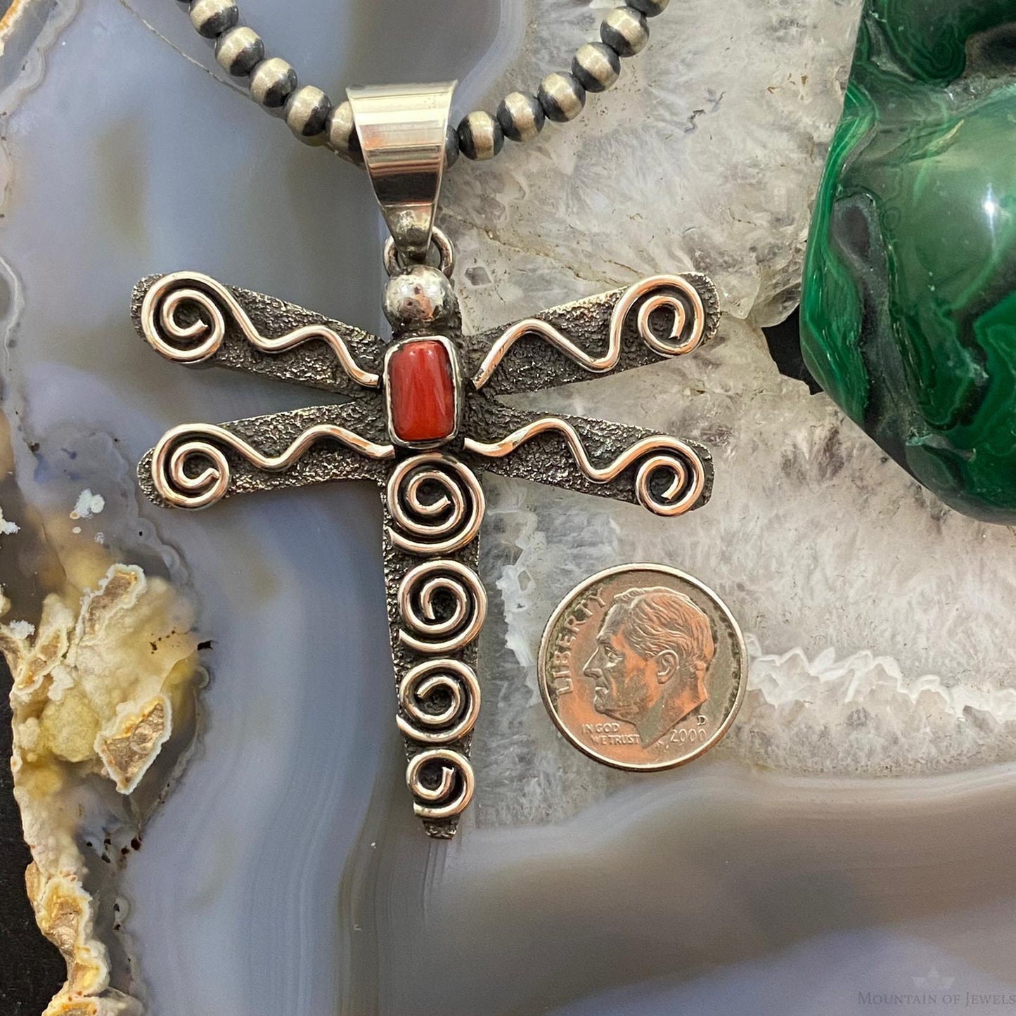 Alex Sanchez Sterling Silver Petroglyph & Coral Dragonfly Unisex Pendant #4