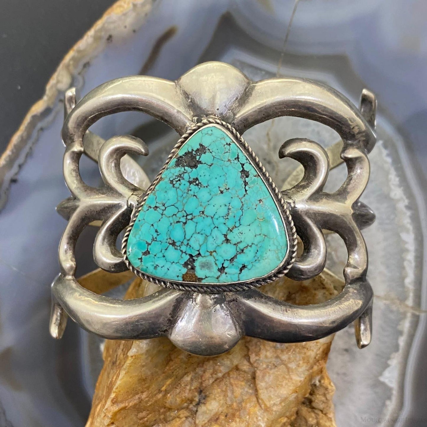 Vintage Native American Silver Sandcast Turquoise Wide Bracelet For Women