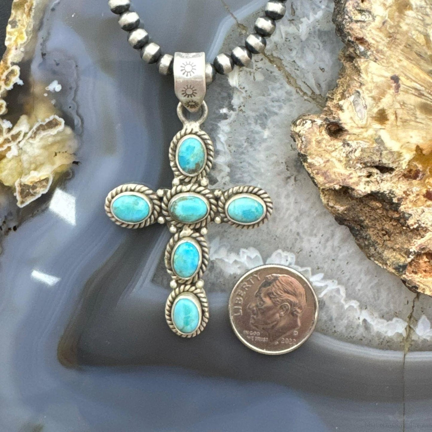 Sterling Silver Southwestern Style 6 Oval Turquoise Decorated Unisex Cross Pendant