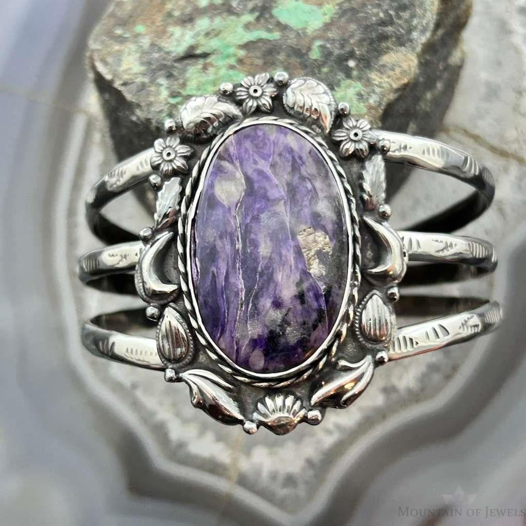 Sterling Silver Southwestern Style Large Oval Charoite Decorated Bracelet For Women