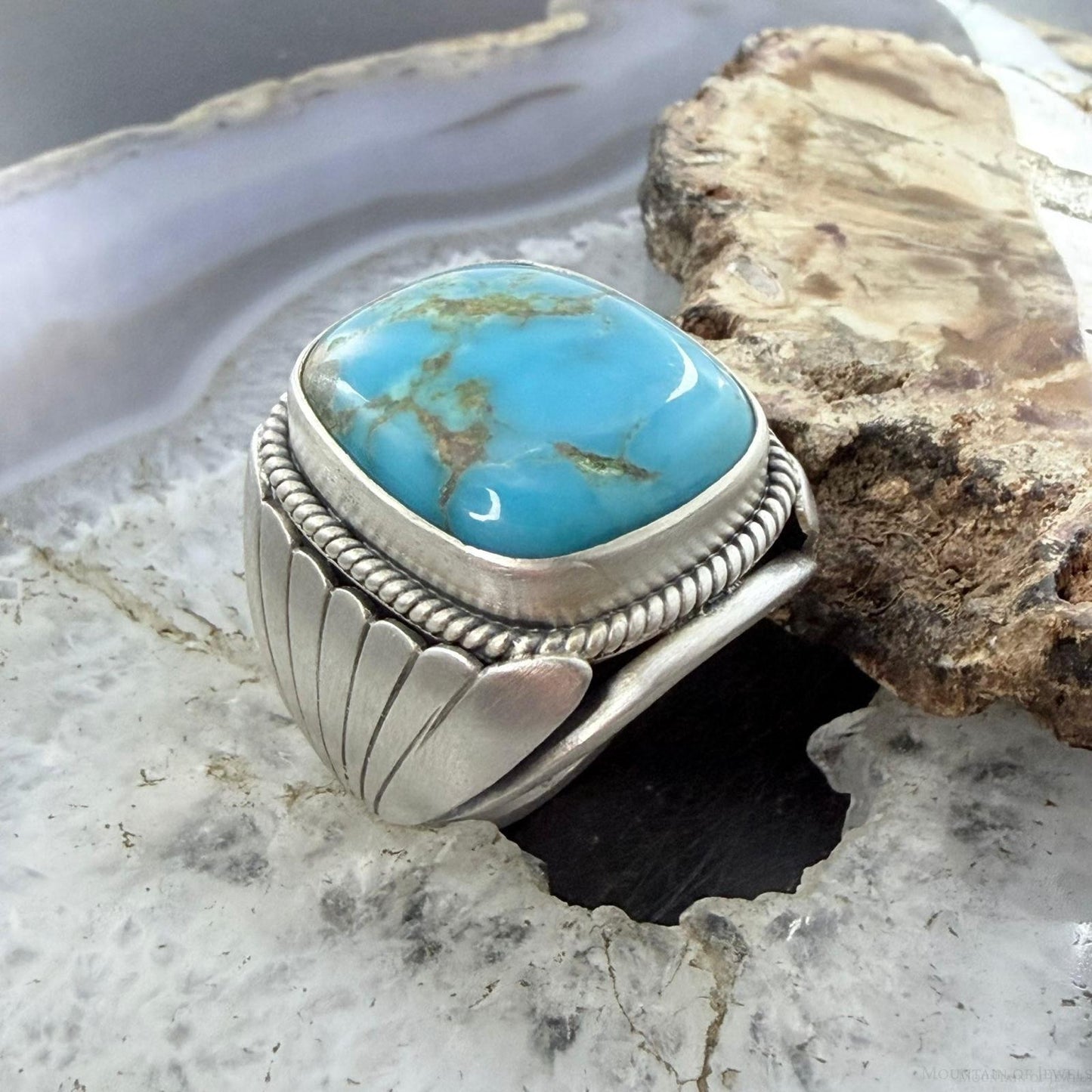 Native American Sterling Silver Square Kingman Turquoise Shield Ring Size 11.25 For Men
