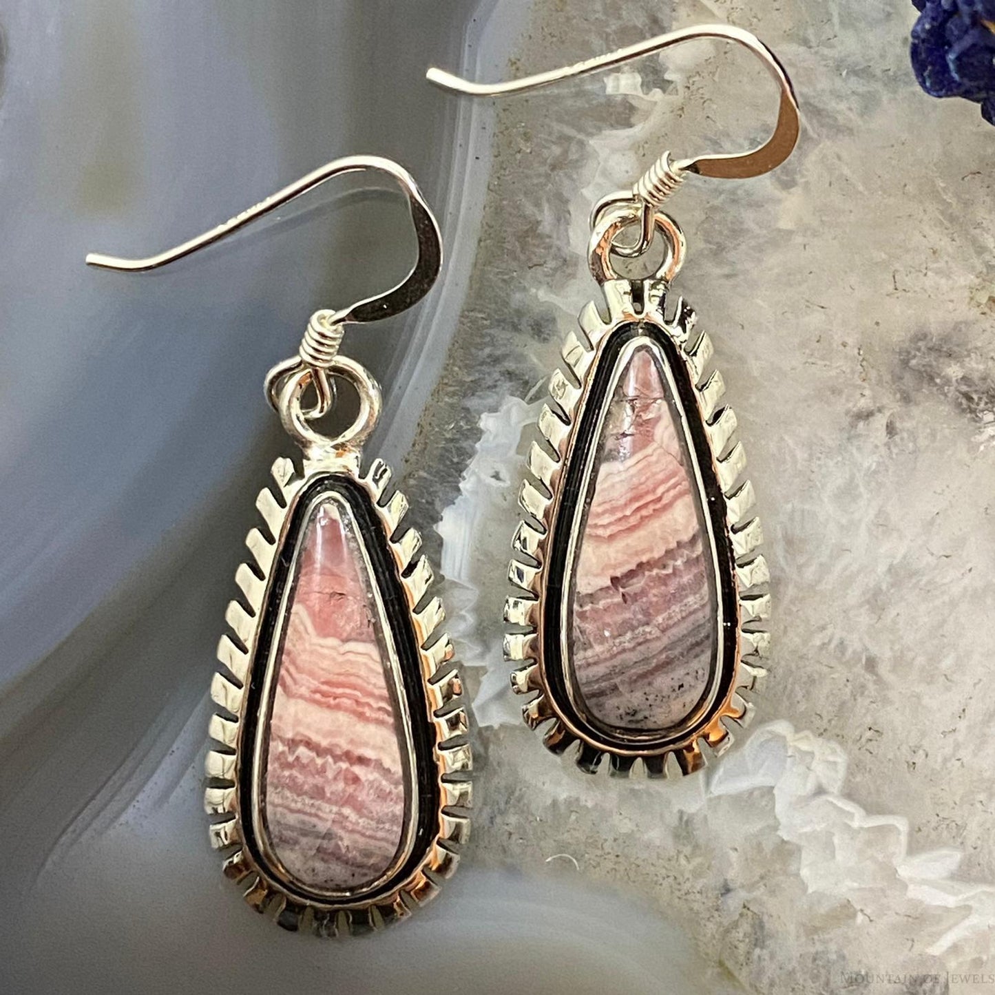 Native American Sterling Silver Teardrop Rhodochrosite Dangle Earrings For Women