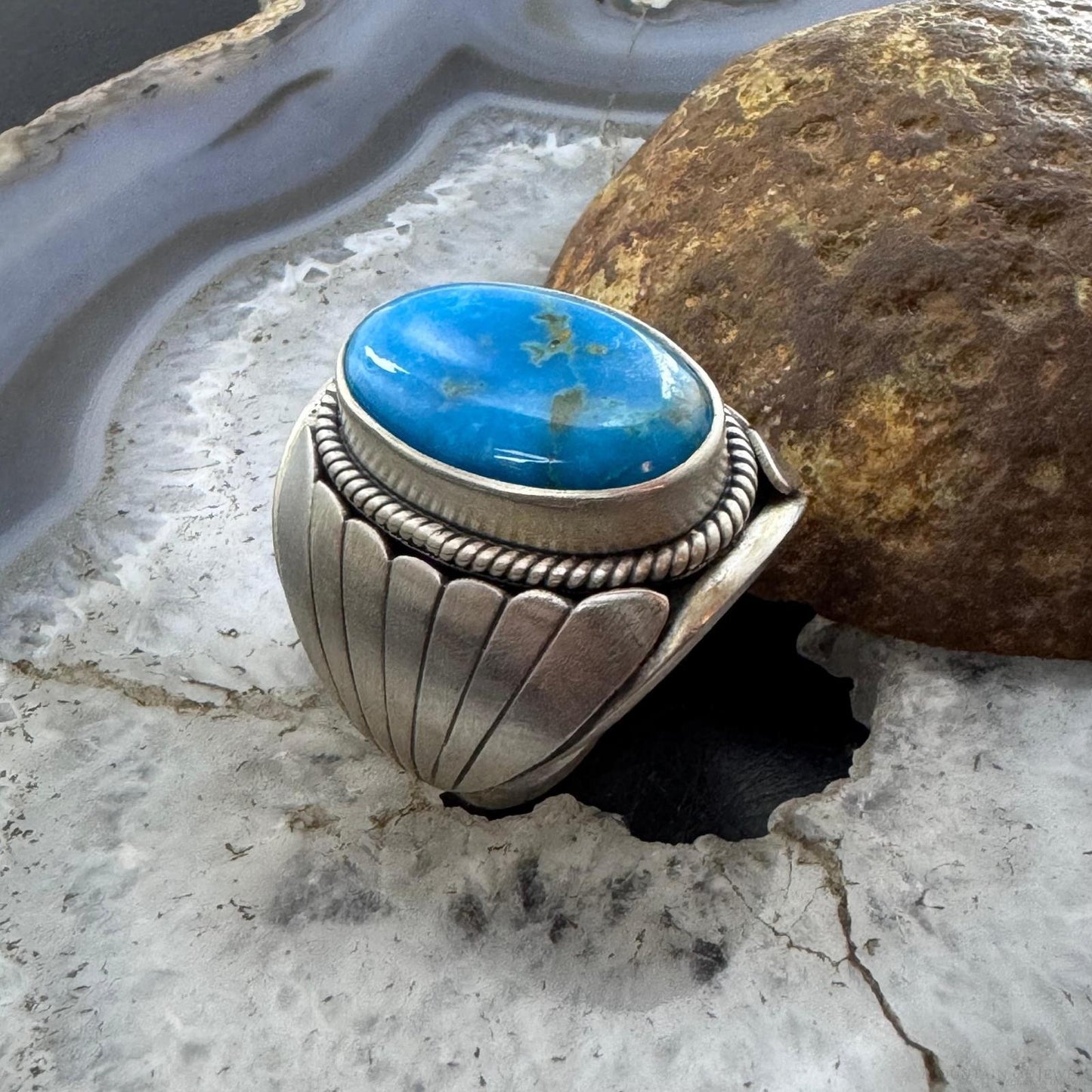 Native American Sterling Silver Oval Blue Ridge Turquoise Shield Ring Size 11 For Men