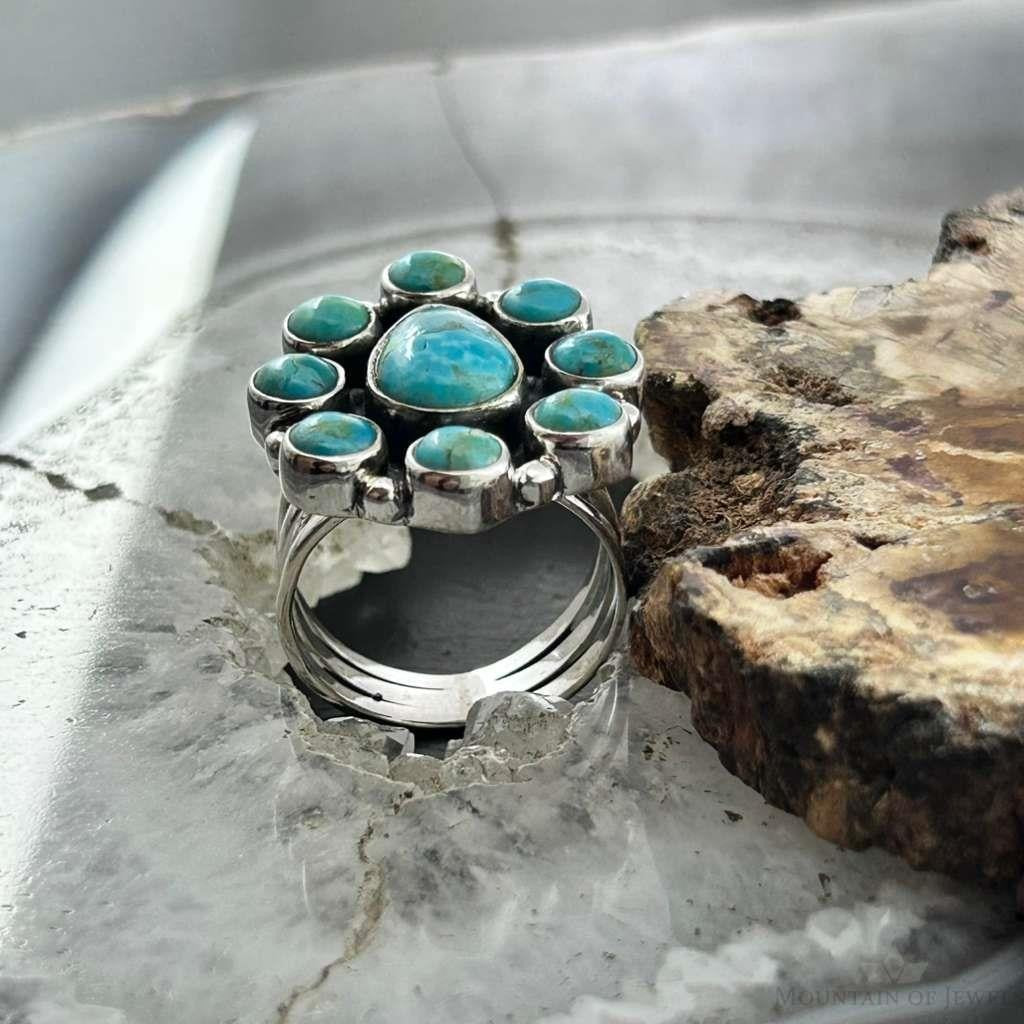 Sterling Silver Southwestern Style Mohave Turquoise Cluster Ring Size 8 For Women
