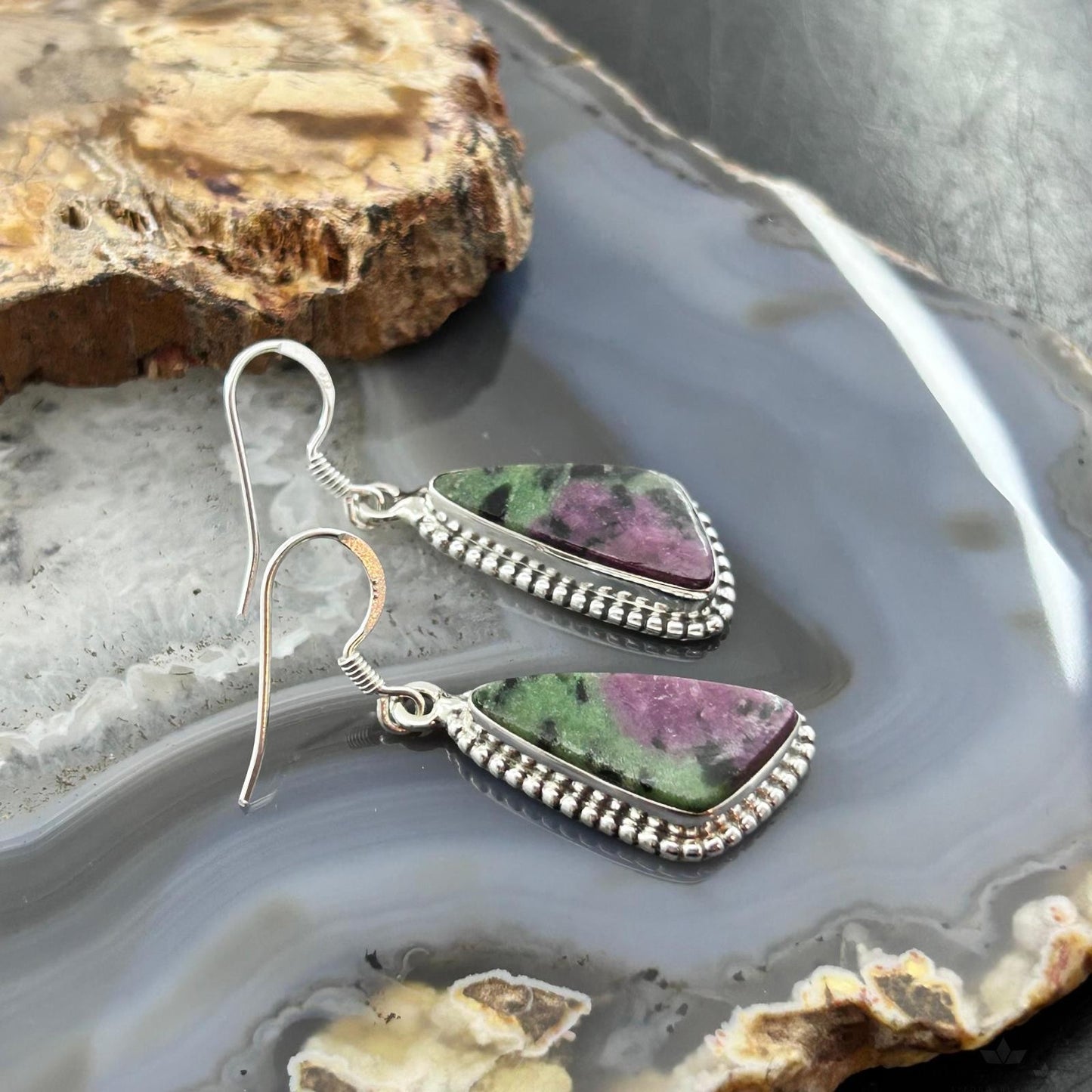 Sterling Silver Southwestern Style Triangular Ruby Zoisite Dangle Earrings For Women