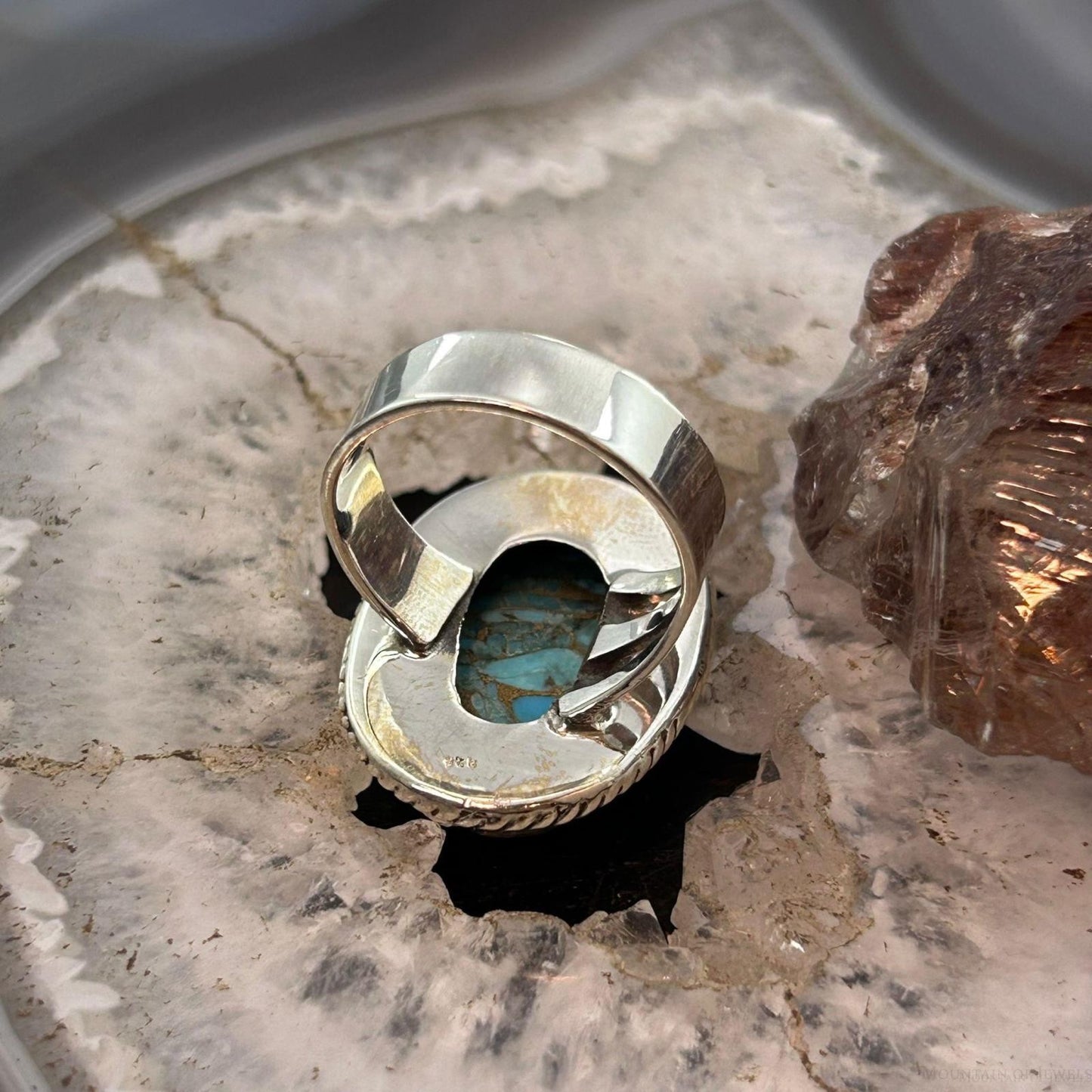 Sterling Silver Southwestern Style Oval Blue Copper Turquoise Ring Size 8.5 For Women