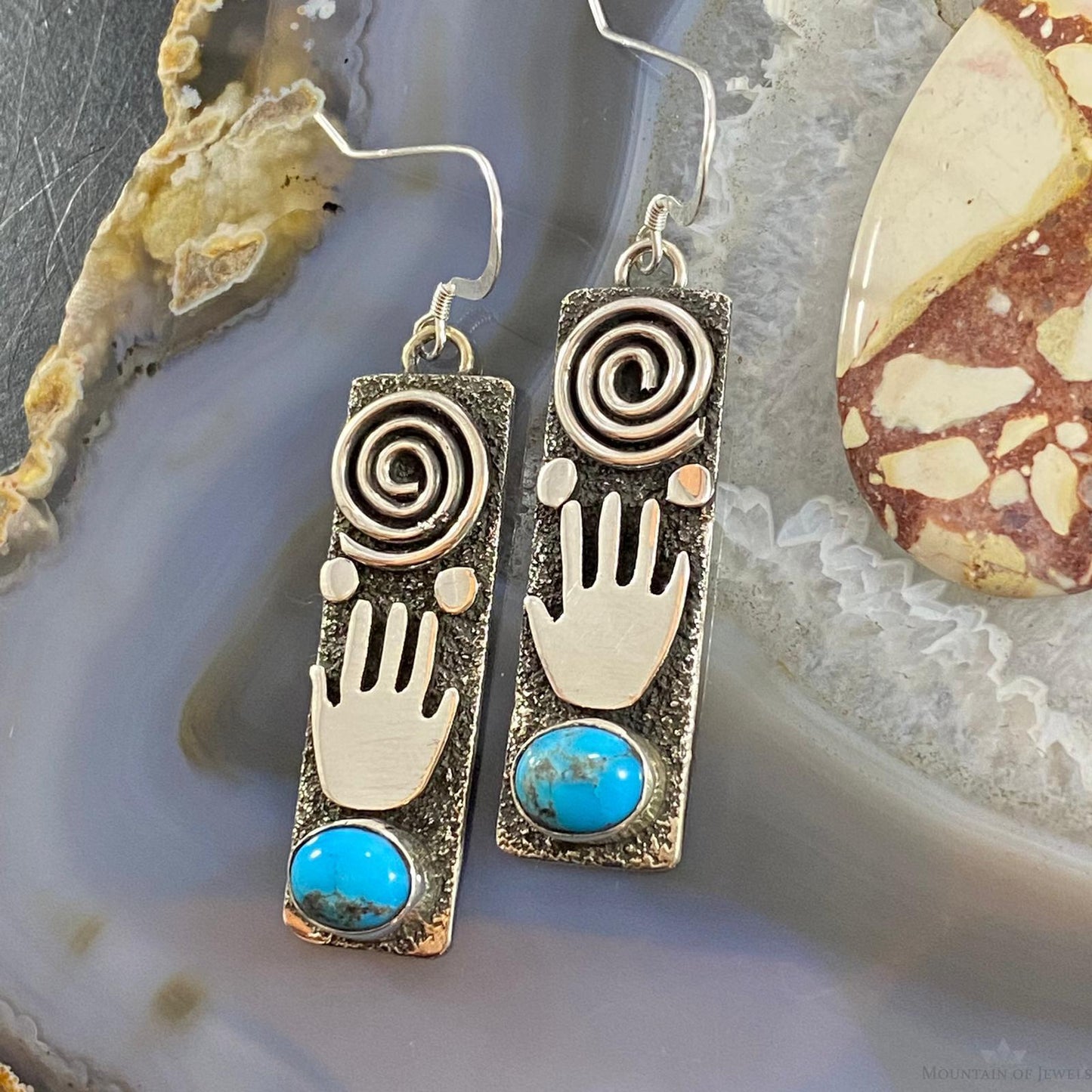 Alex Sanchez Native American Sterling Turquoise Petroglyph Dangle Earrings #3