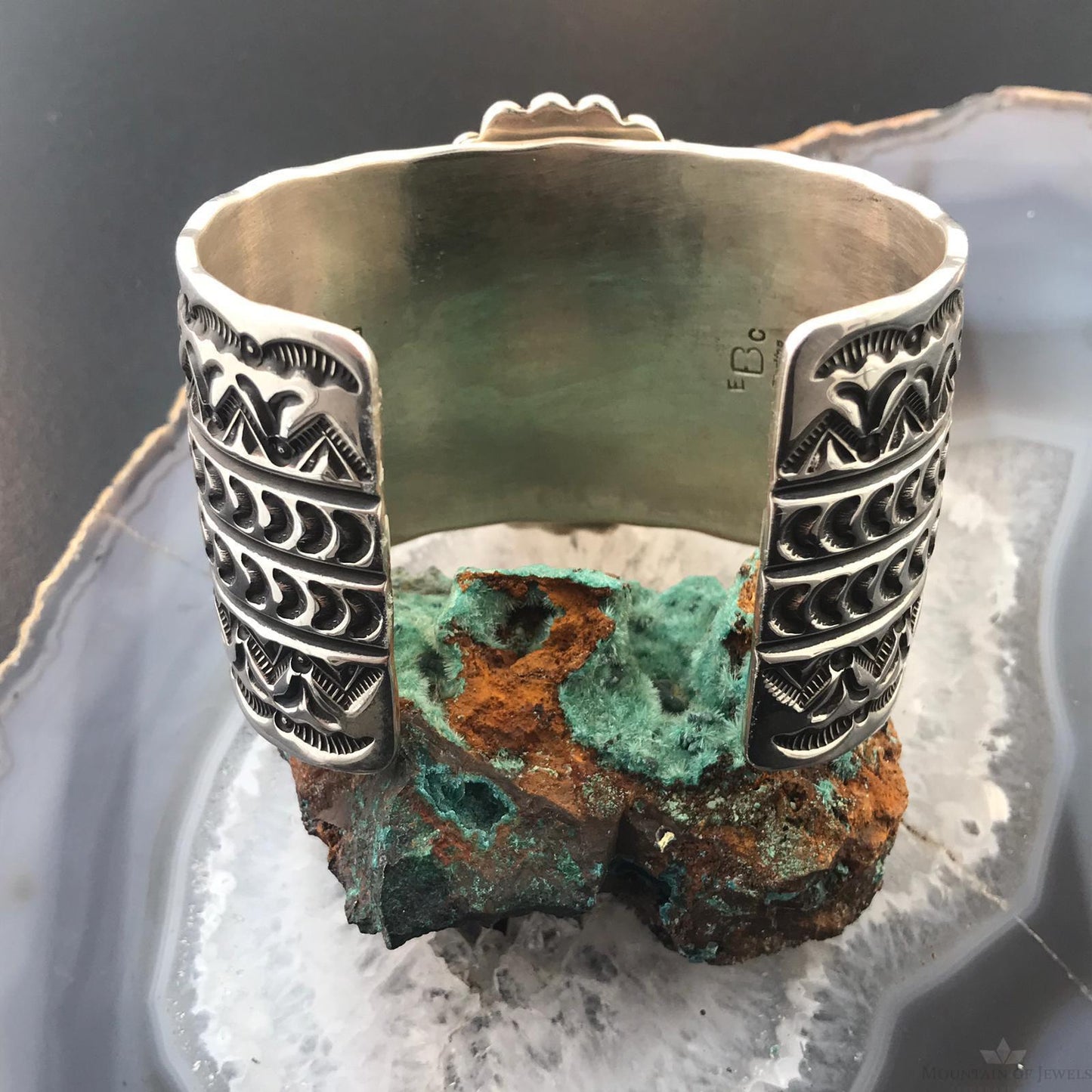 Elroy Chavez Native American Sterling Oval Spiny Oyster Stamped Heavy Bracelet