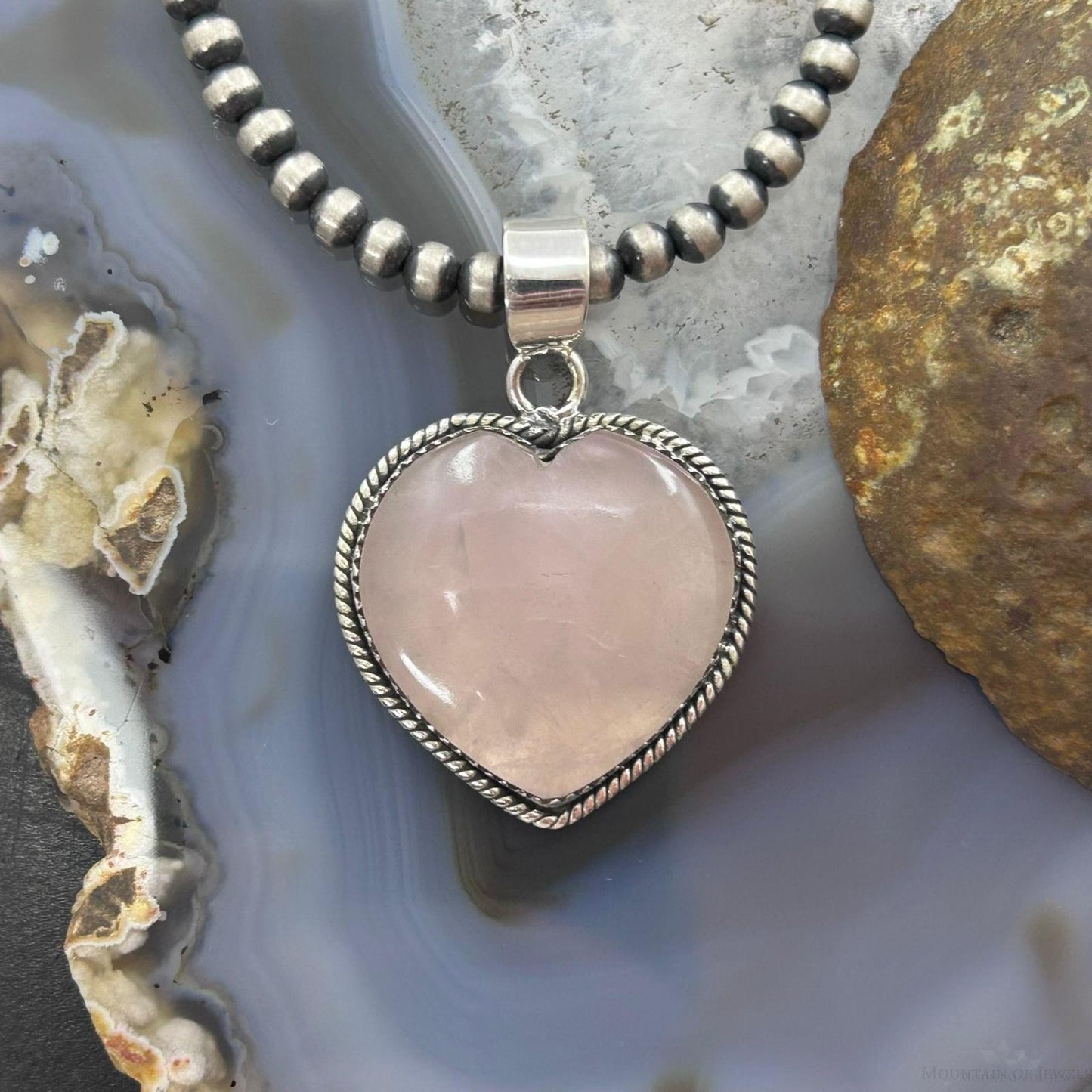 Sterling Silver Southwestern Style Rose Quartz Heart Pendant For Women #1