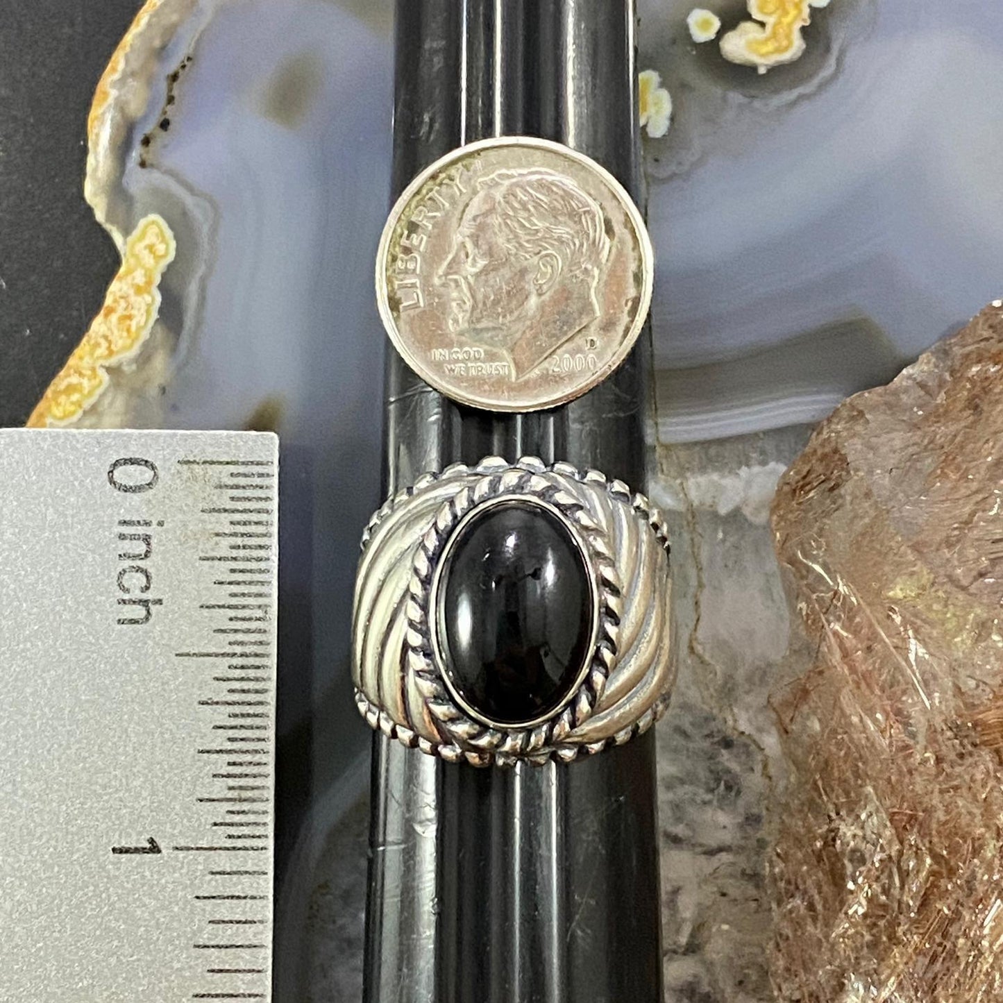 Carolyn Pollack Southwestern Style Sterling Silver Oval Black Onyx Decorated Shield Ring For Women