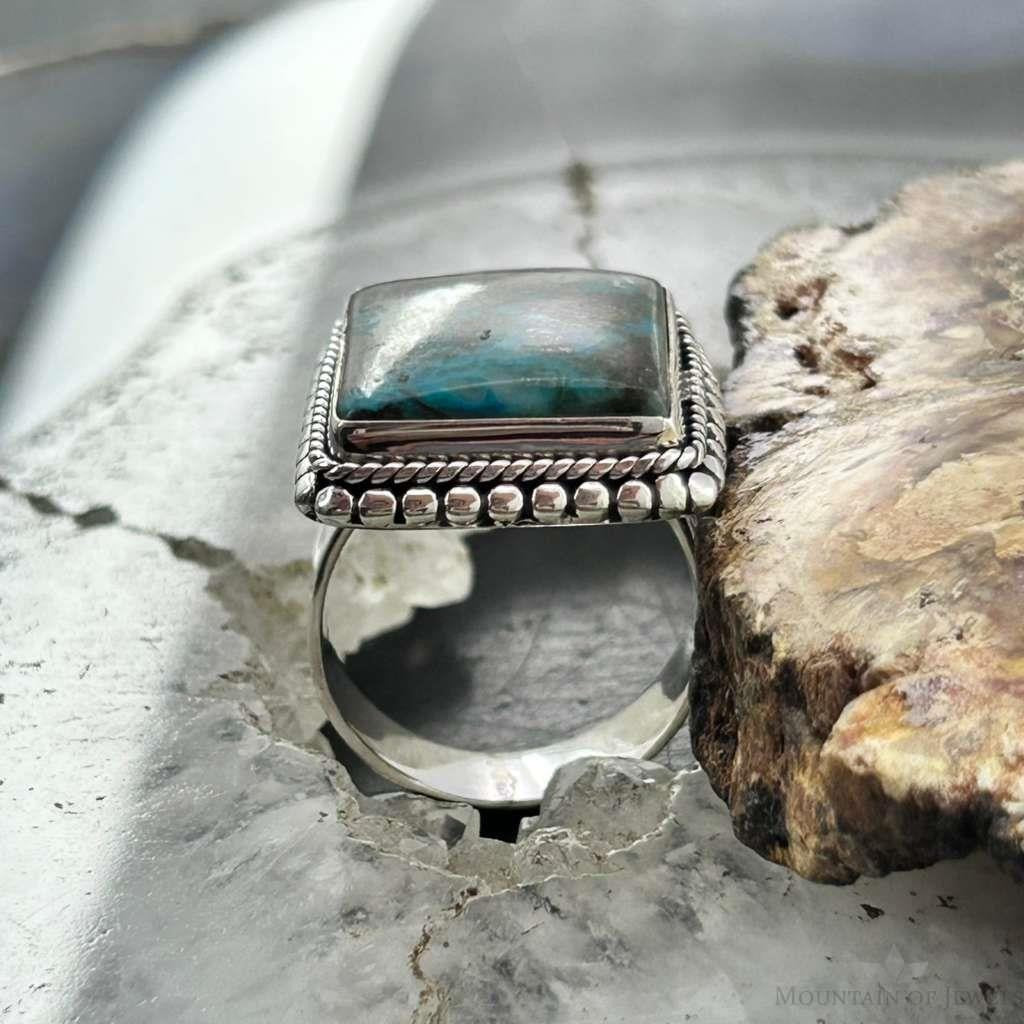 Sterling Silver Southwestern Style Chrysocolla Decorated Bar Ring Size 7.5 For Women