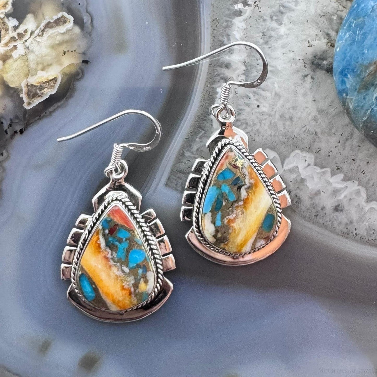 Sterling Silver Southwestern Style Teardrop Spiny & Turquoise Dangle Earrings For Women