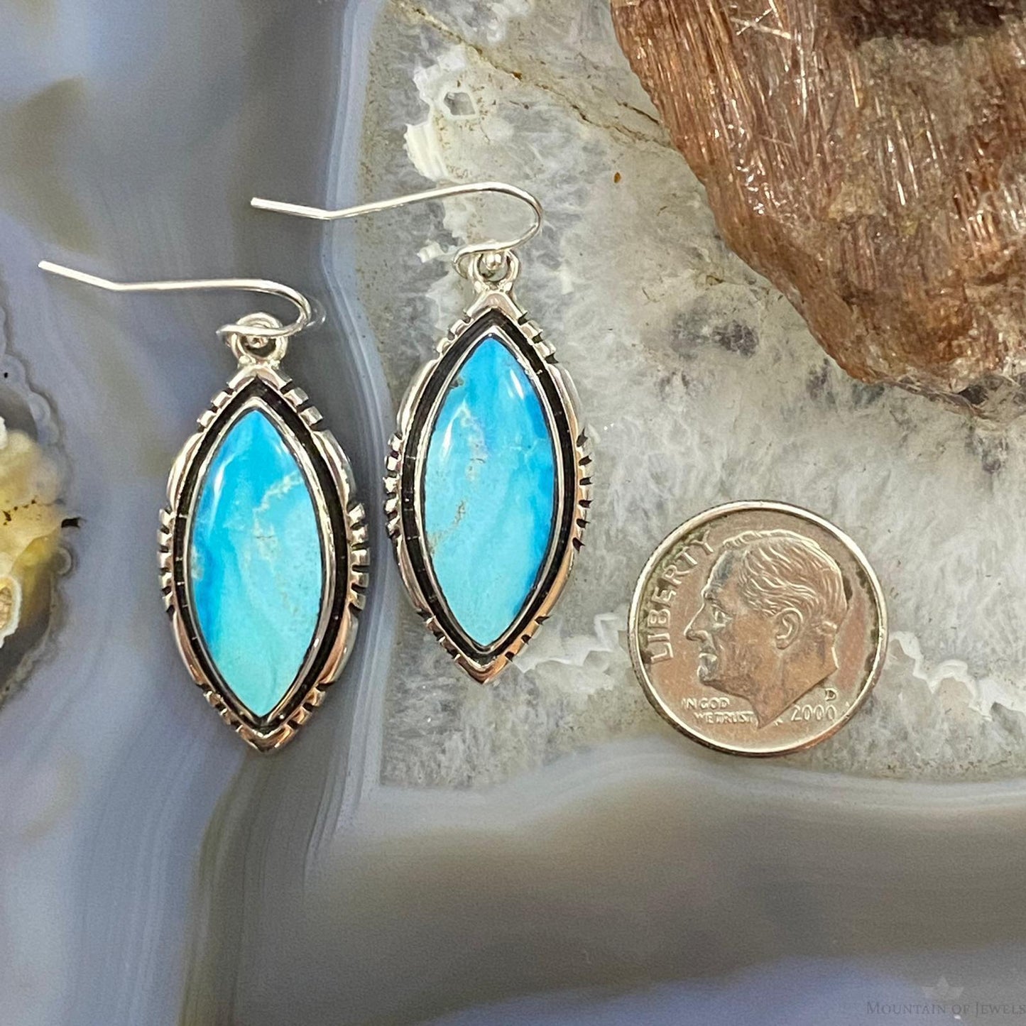 Native American Sterling Silver Marquise Blue Ridge Turquoise Dangle Earrings For Women #1