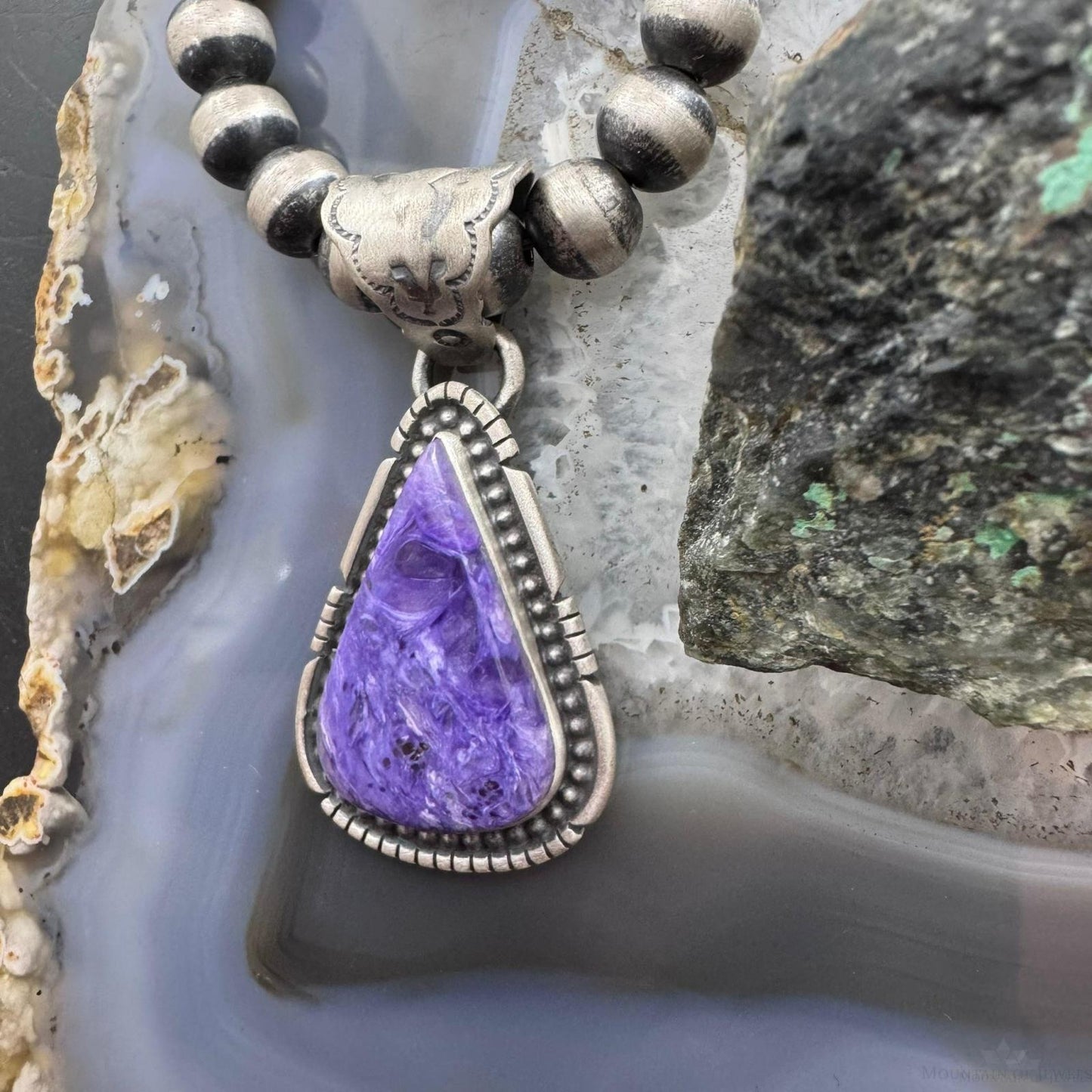 Native American Sterling Silver Triangle Charoite Decorated Pendant For Women