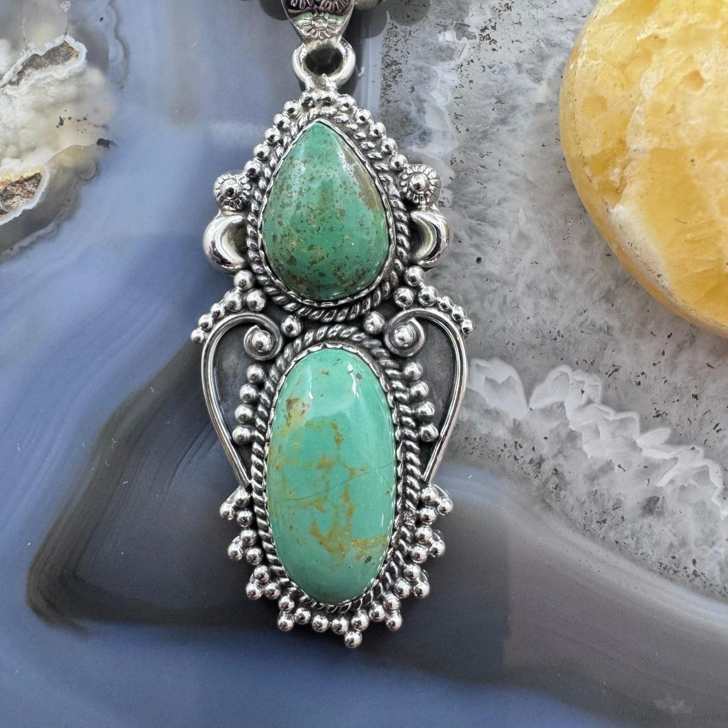 Sterling Silver Southwestern Style 2 Green Turquoise Decorated Pendant For Women