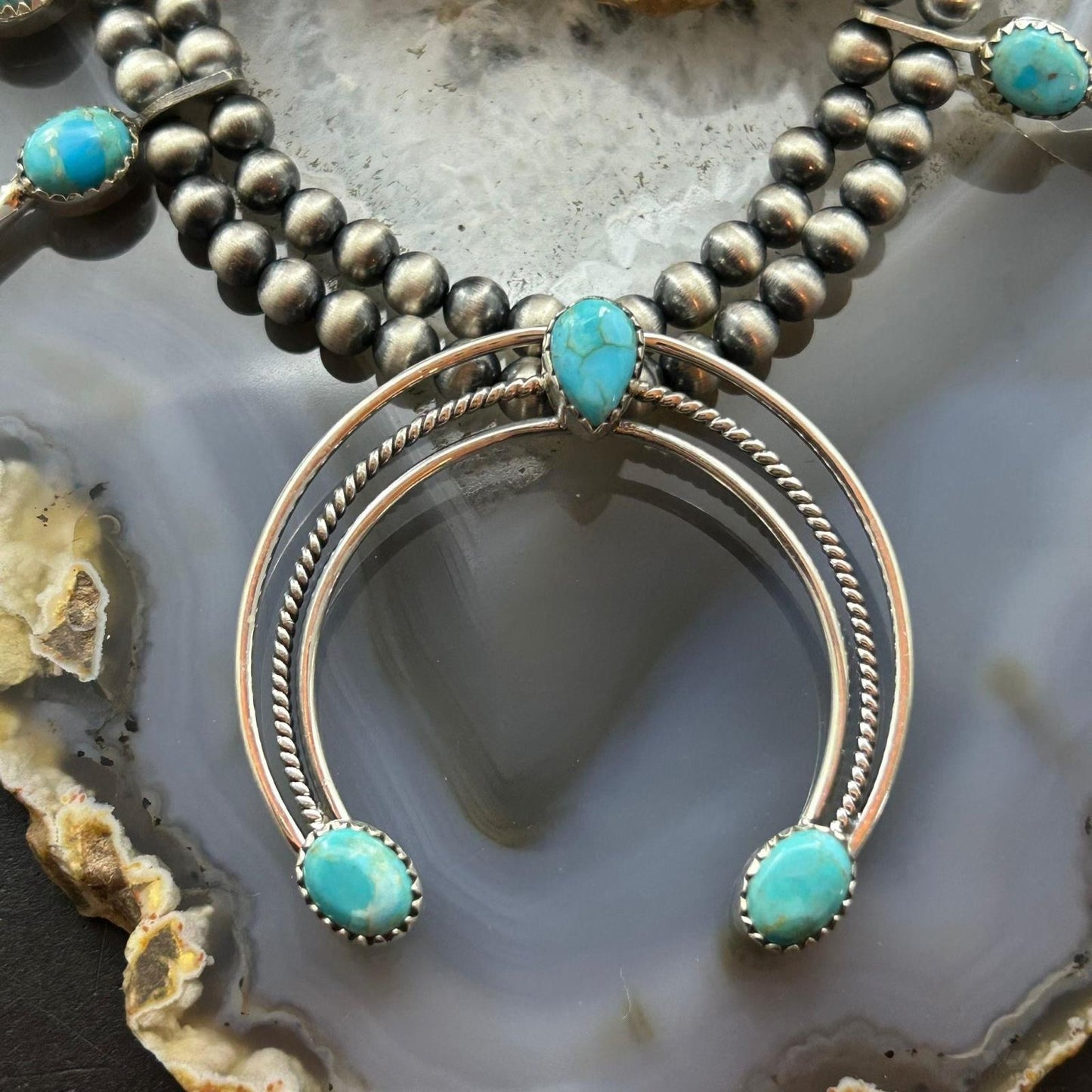 Sterling Silver Southwestern Style Turquoise Squash Blossom Necklace For Women