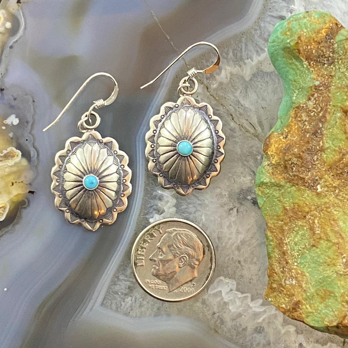 Native American Sterling Silver Turquoise Dot Stamped Concho Dangle Earrings For Women