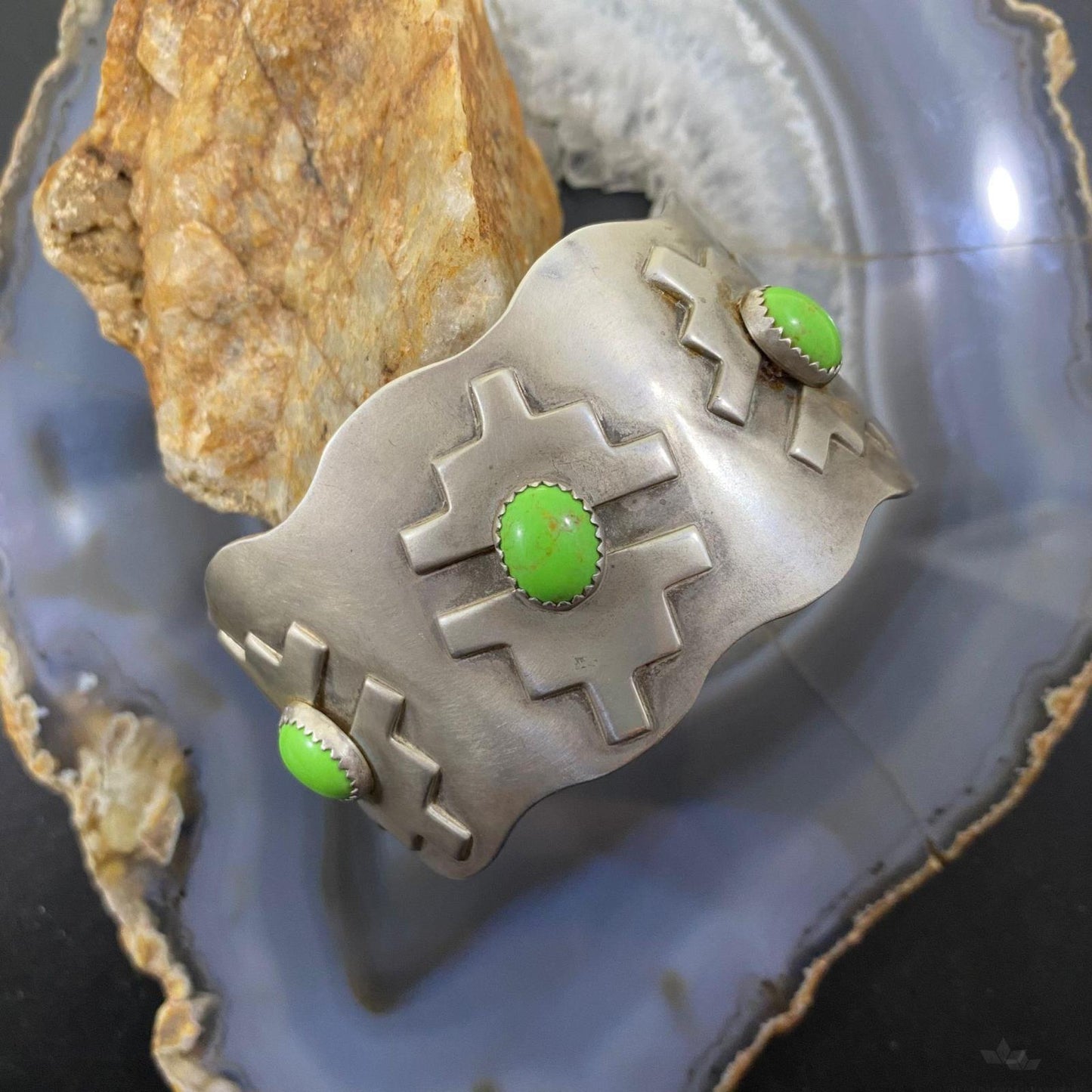 Kevin Rey Coriz Native American Sterling Silver Gaspeite Overlay Motif Bracelet For Women