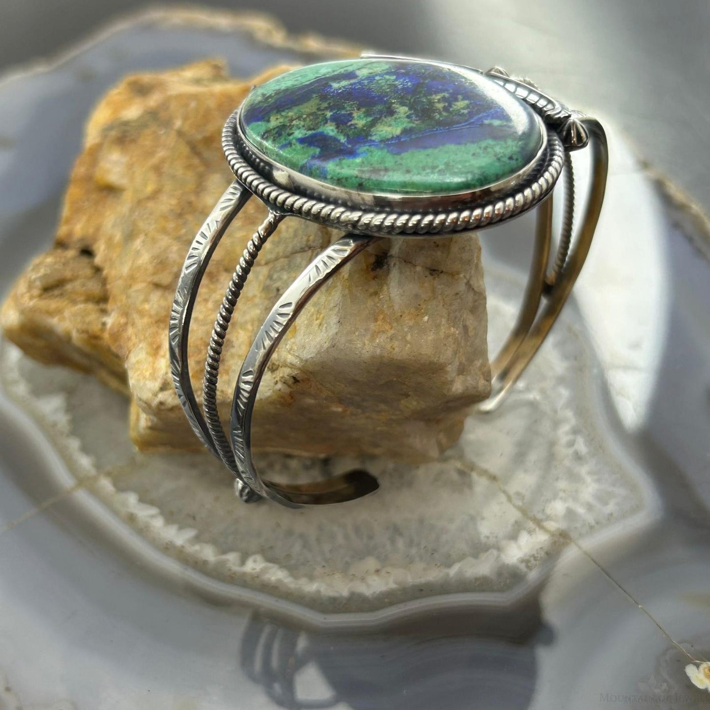 Sterling Silver Southwestern Style Oval Azurite Decorated Bracelet For Women