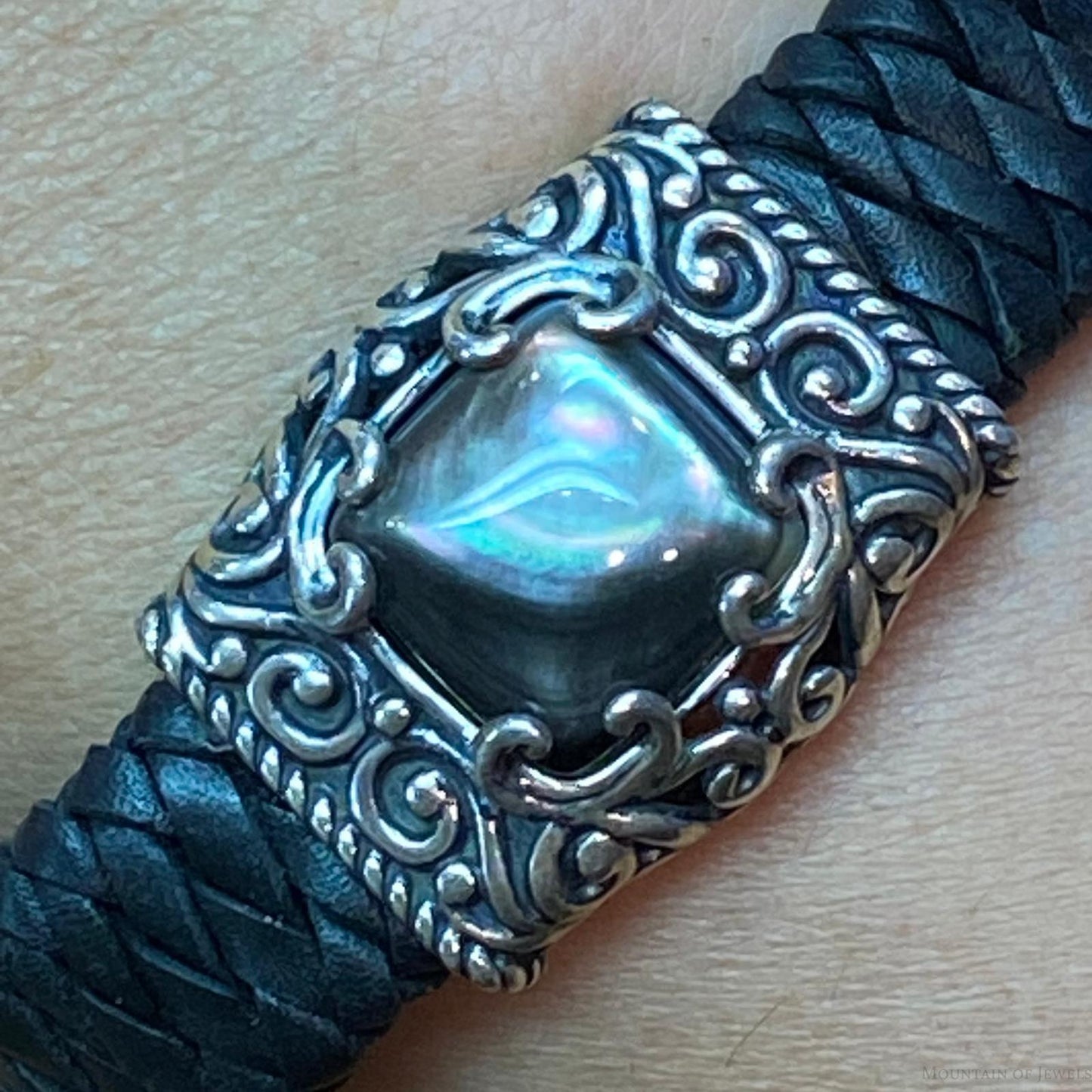 Carolyn Pollack Sterling Silver Gray Mother of Pearl Doublet Braided Leather Bracelet For Women
