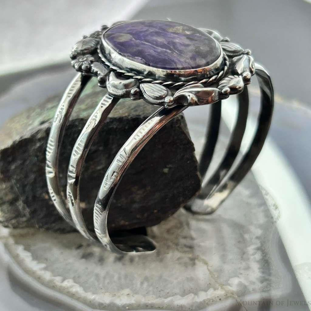 Sterling Silver Southwestern Style Large Oval Charoite Decorated Bracelet For Women