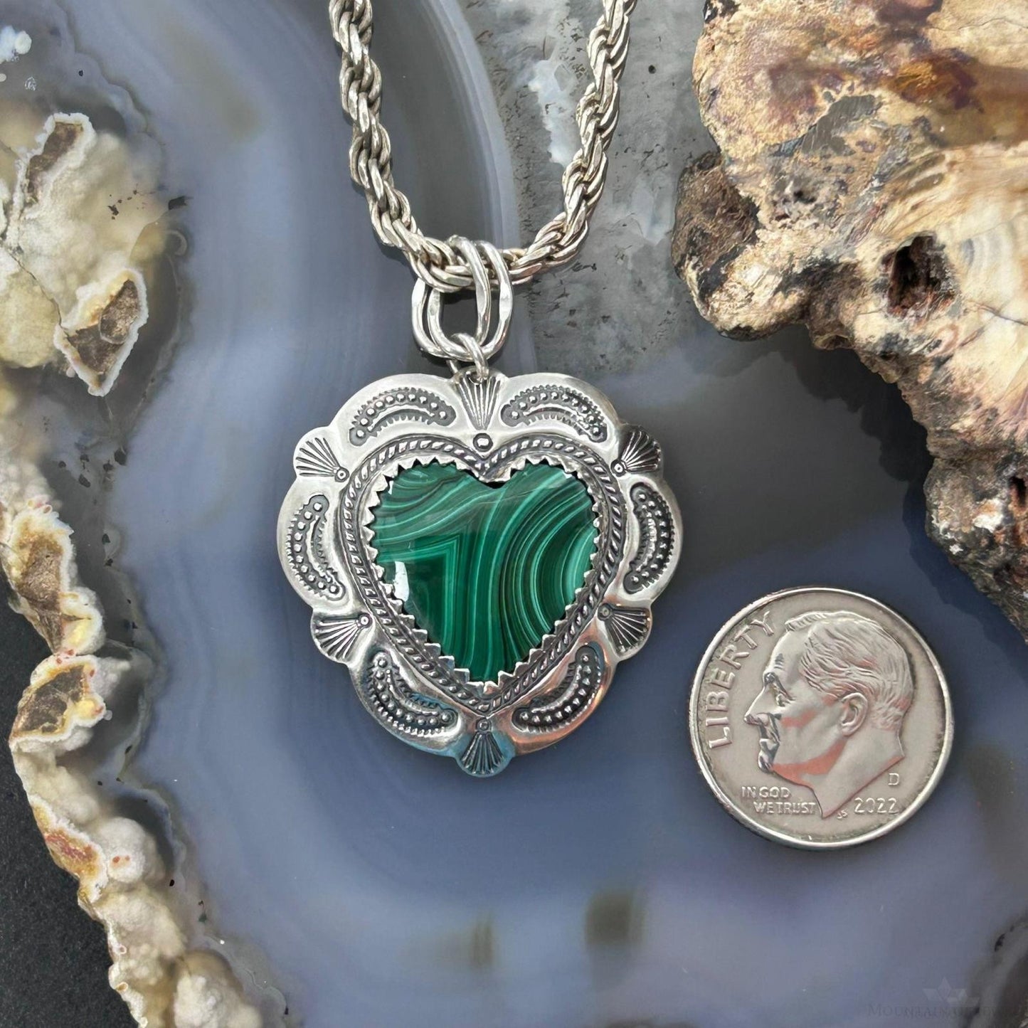 QT Quoc Sterling Silver Southwestern Style Malachite Heart Pendant For Women