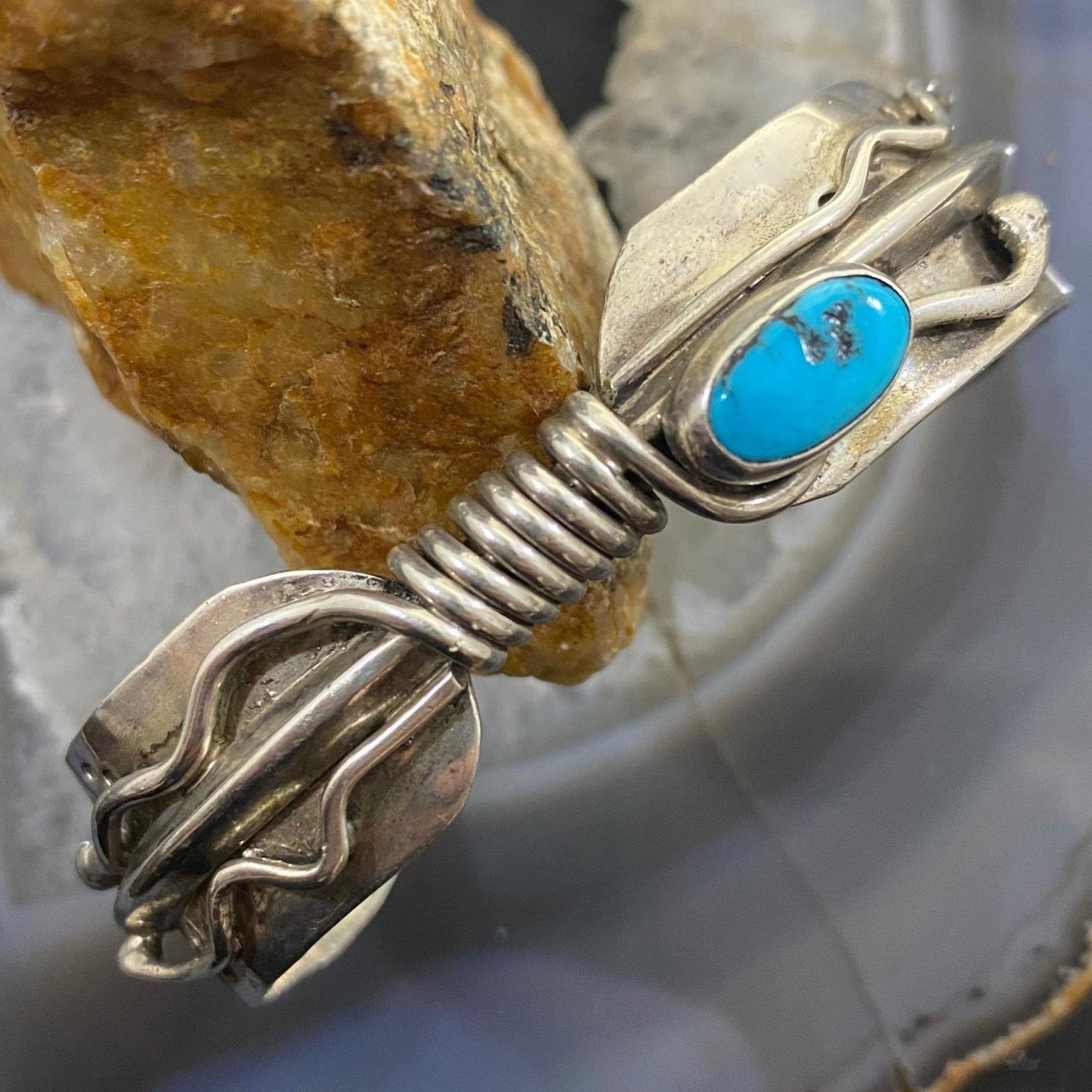 Vintage Native American Silver Turquoise Feather Bracelet For Women