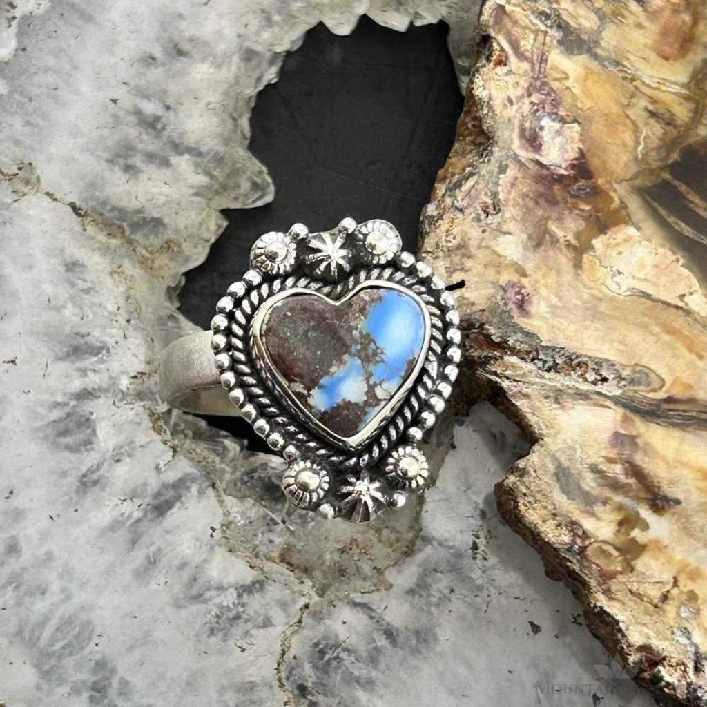 Sterling Silver Southwestern Style Heart Golden Hill Turquoise Adjustable Ring For Women