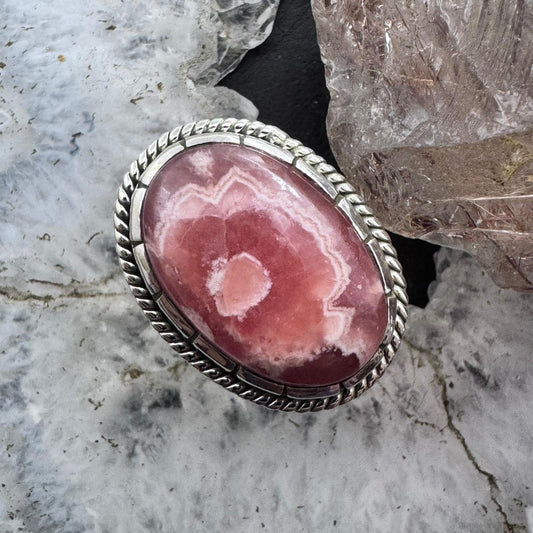 Sterling Silver Southwestern Style Oval Rhodochrosite Ring Size 8.5 For Women