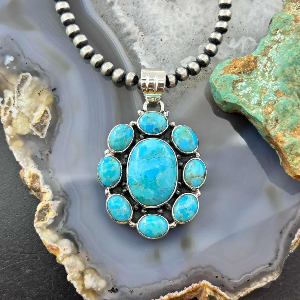 Sterling Silver Southwestern Style Mohave Turquoise Cluster Pendant For Women #1