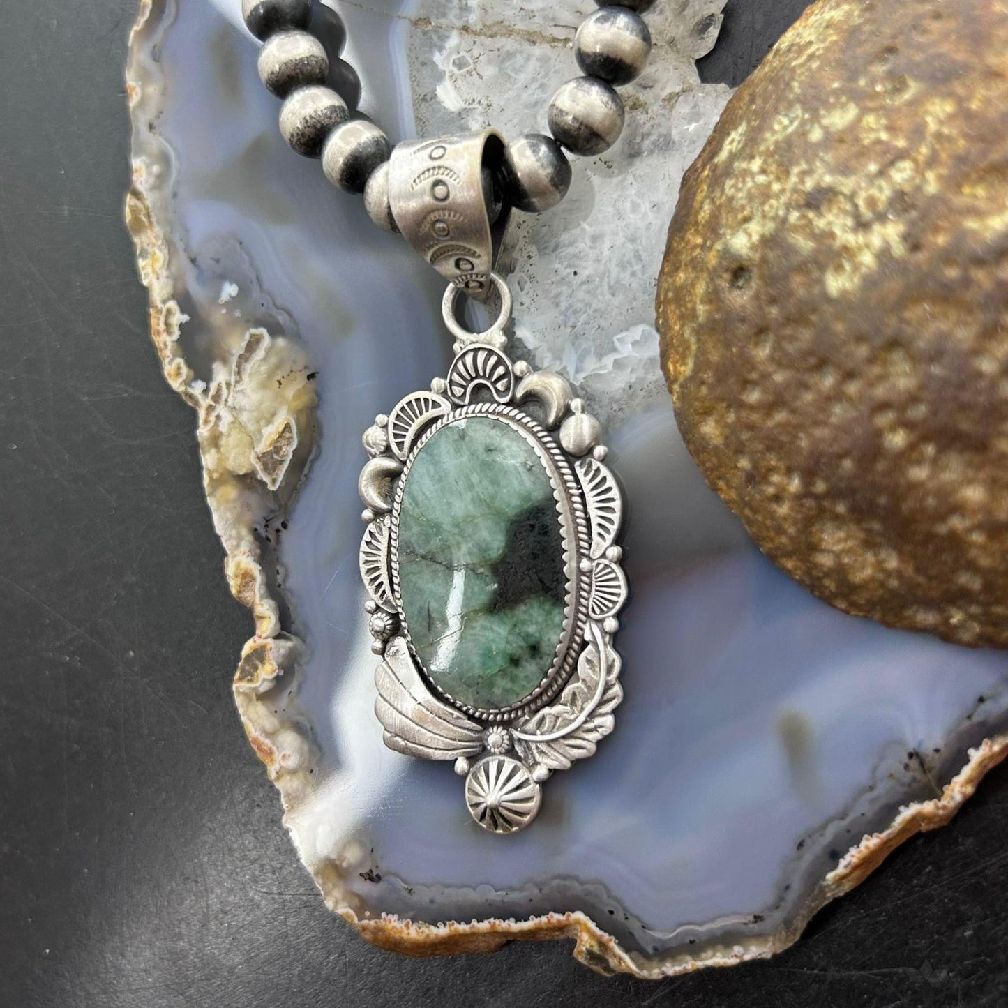 Sterling Silver Southwestern Style Oval Emerald Decorated Pendant For Women #1