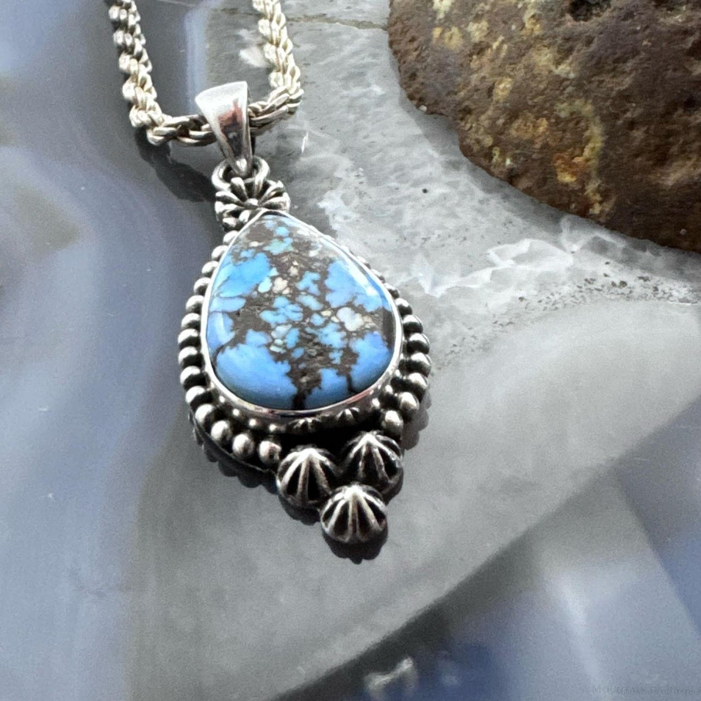 Sterling Silver Southwestern Style Teardrop Golden Hill Turquoise Decorated Pendant For Women