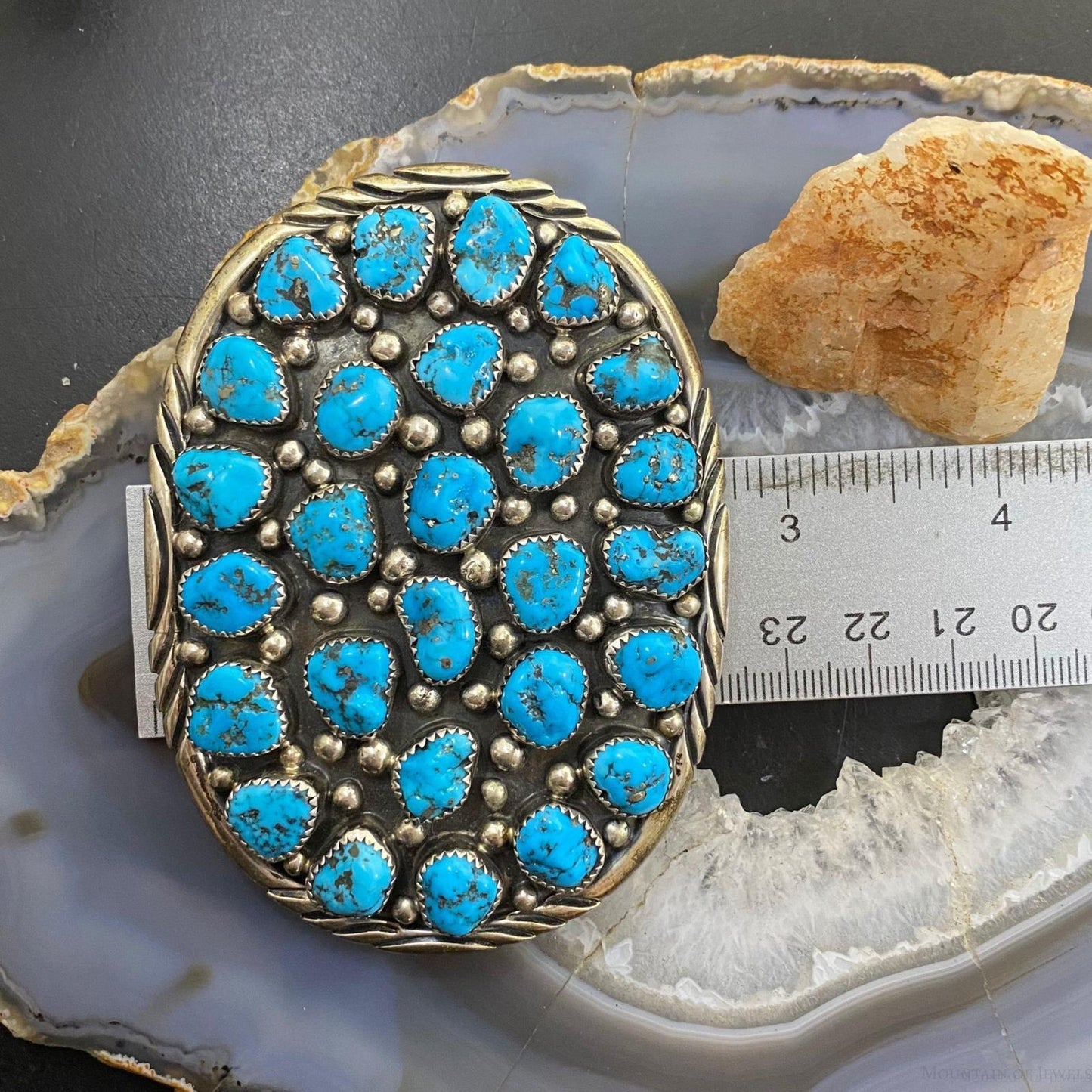 Vintage Harry Spencer Navajo Sterling Silver Multi Turquoise Stamped Belt Buckle