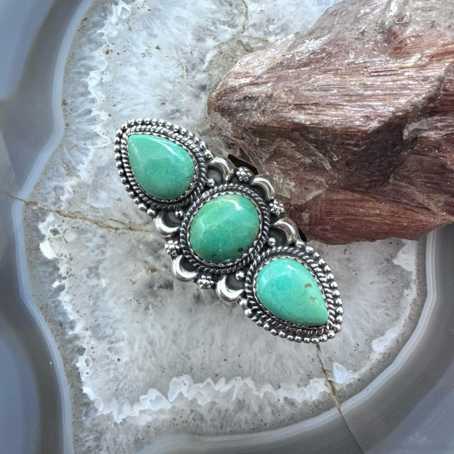 Sterling Silver Southwestern Style 3 Green Turquoise Adjustable Ring For Women