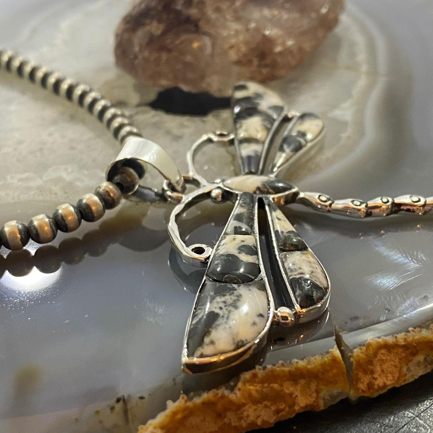 Native American Sterling Silver White Buffalo Inlay Dragonfly Pendant For Women