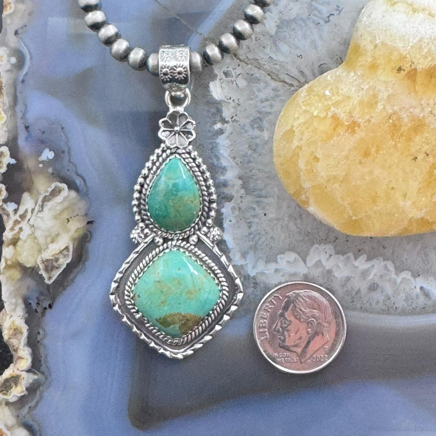 Sterling Silver Southwestern Style 2 Turquoise Decorated Pendant For Women
