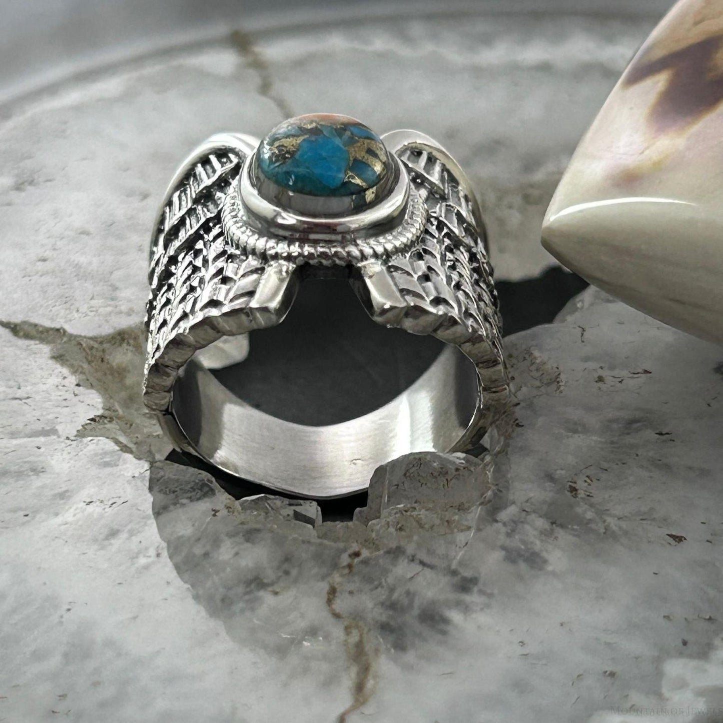 Sterling Silver Southwestern Style Mohave Turquoise Wing Ring Size 7 For Women
