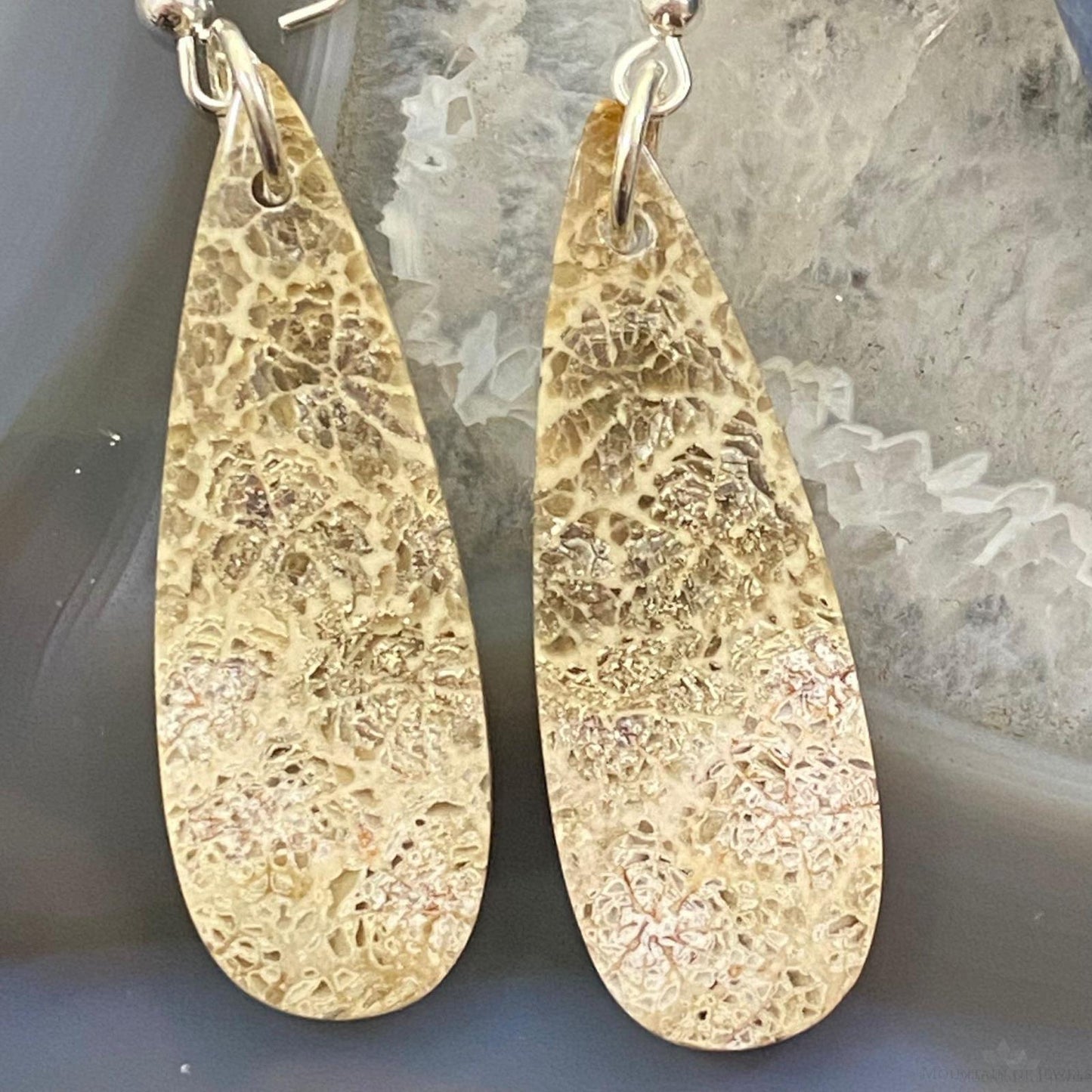 Sterling Silver Teardrop Fossilized Coral Slab Dangle Earrings For Women #067